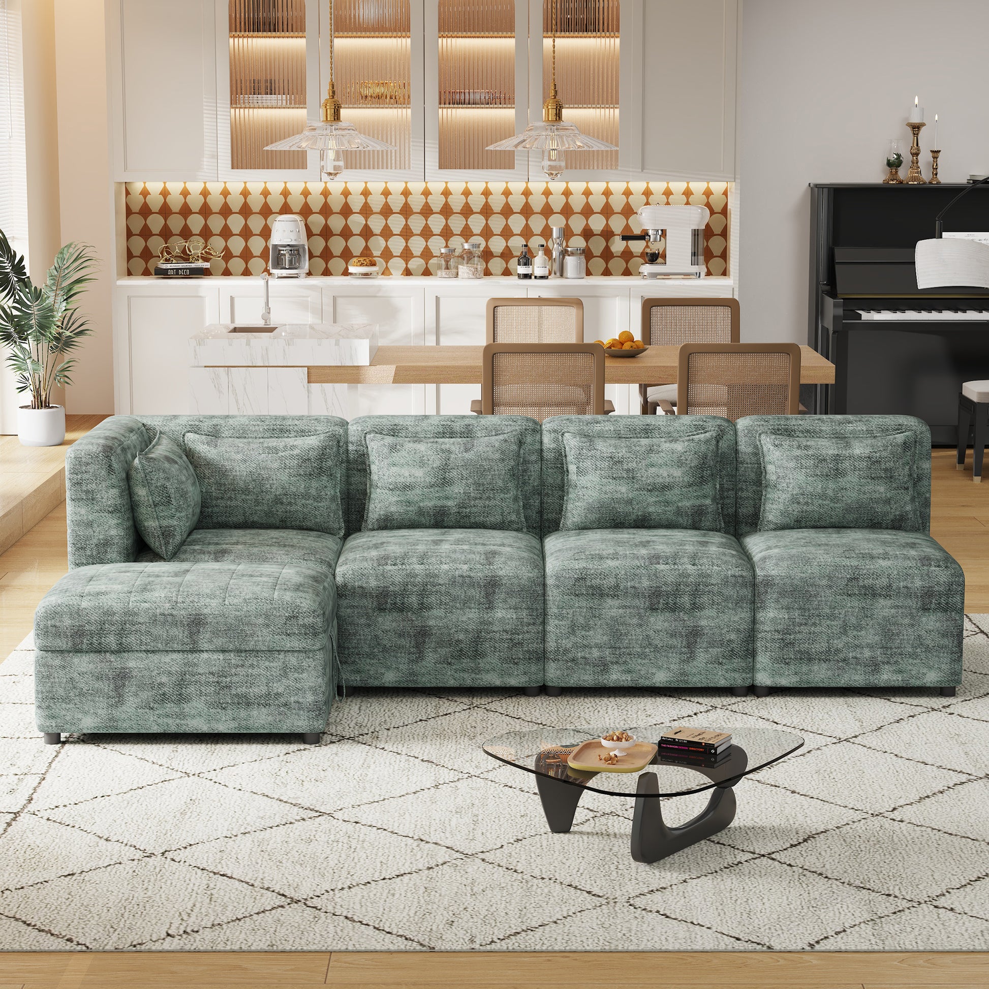 Free Combined Sectional Sofa 5 Seater Modular Couches With Storage Ottoman, 5 Pillows For Living Room, Bedroom, Office, Blue Green Blue Green Foam Chenille