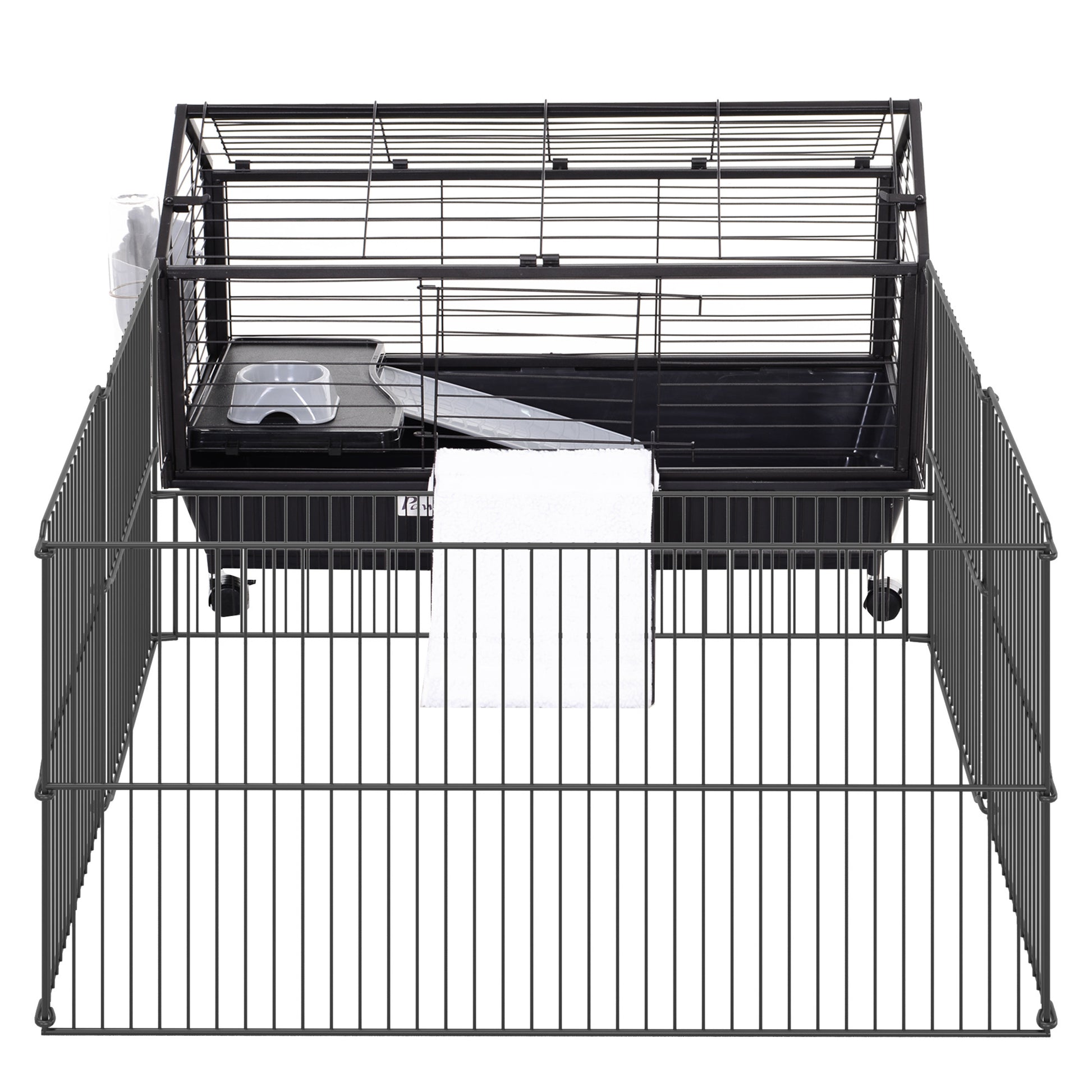 Small Animal Playpen Cage W Rolling Caster, Water Bottle, 35" L Black Steel