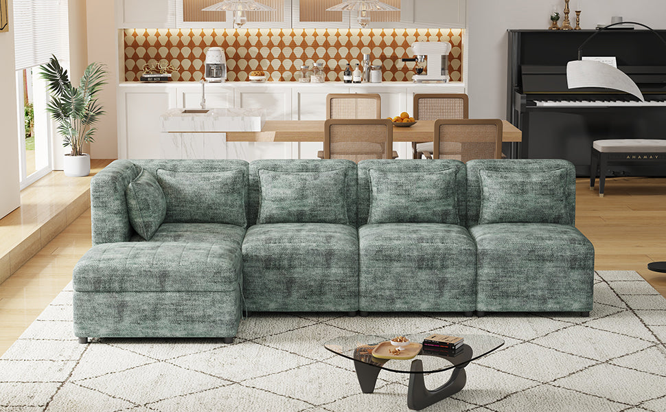 Free Combined Sectional Sofa 5 Seater Modular Couches With Storage Ottoman, 5 Pillows For Living Room, Bedroom, Office, Blue Green Blue Green Foam Chenille