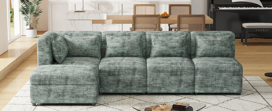 Free Combined Sectional Sofa 5 Seater Modular Couches With Storage Ottoman, 5 Pillows For Living Room, Bedroom, Office, Blue Green Blue Green Foam Chenille