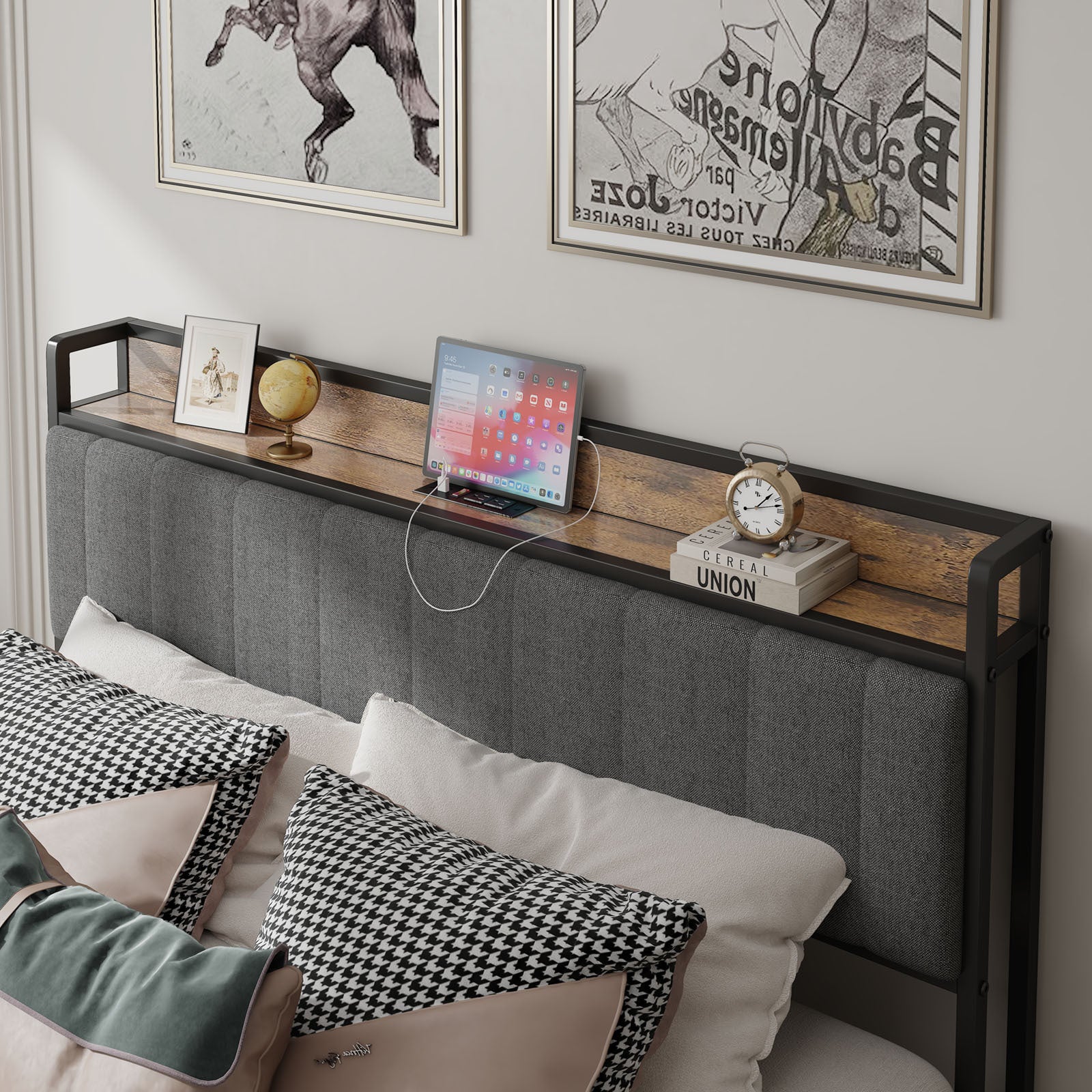 Queen Size Bed Frame With Charging Station, Upholstered Headboard, Metal Platform, Grey Box Spring Not Required Queen Dark Gray Metal Bedroom Bed Frame Upholstered Linen Metal