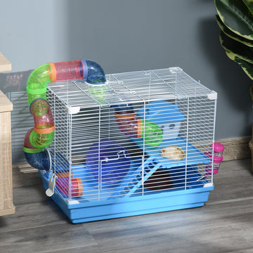 18" 2 Tier Hamster Cage With Wheel And Water Bottle, Blue Blue Metal