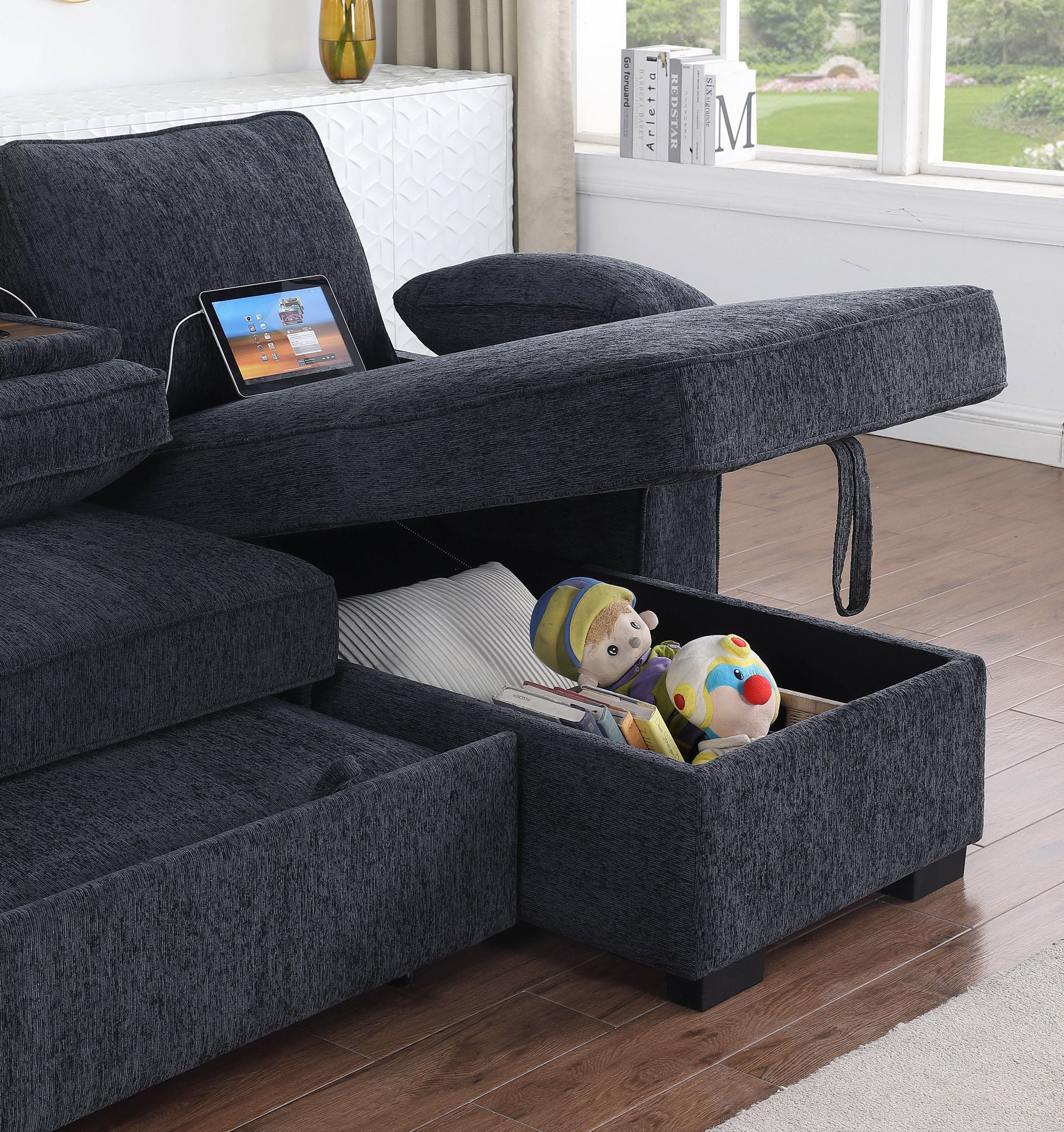 Mackenzie 91" Dark Gray Chenille Fabric Reversible Sleeper Sectional With Right Facing Storage Chaise, Drop Down Table, Cup Holders And Charging Ports Dark Gray Chenille 3 Seat