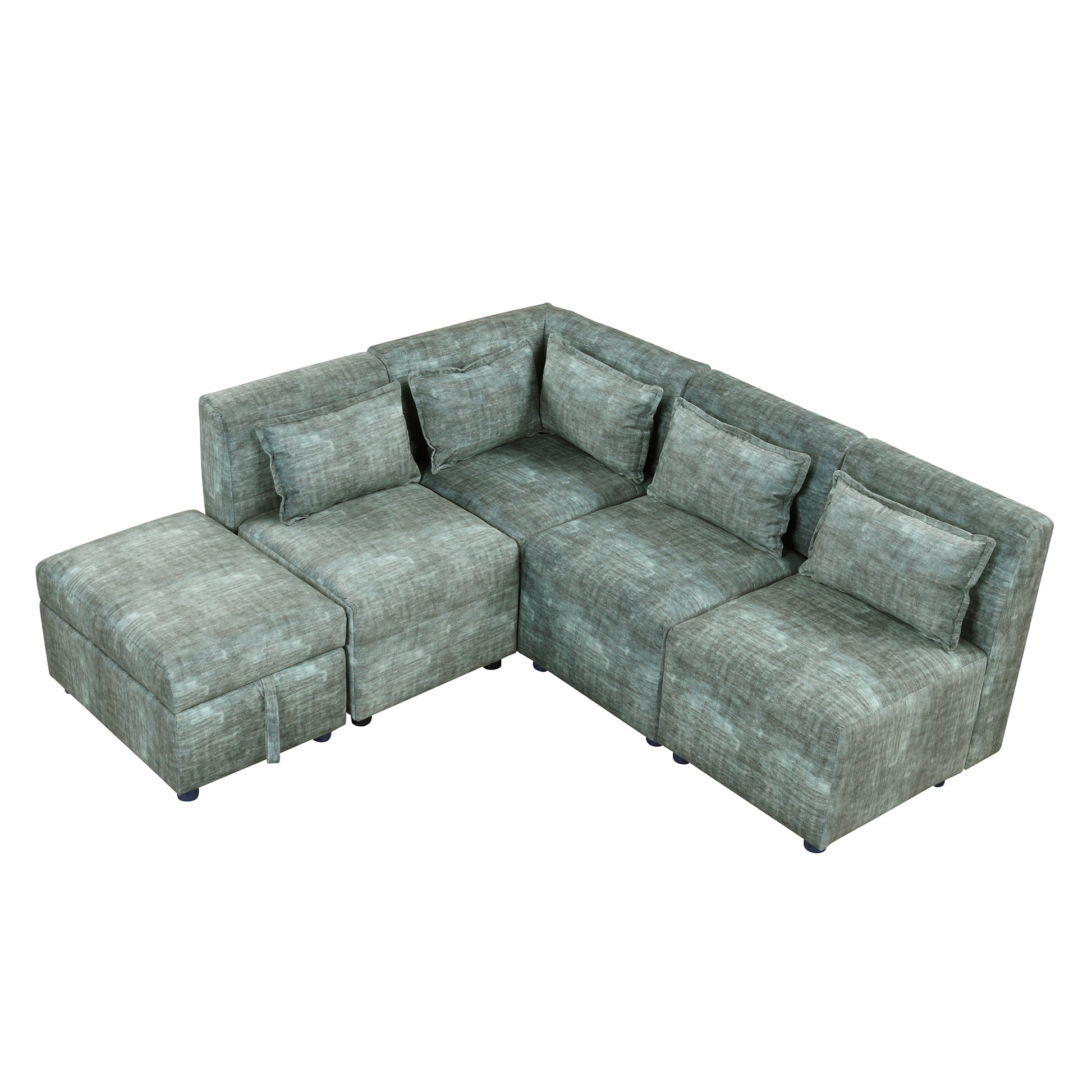 Free Combined Sectional Sofa 5 Seater Modular Couches With Storage Ottoman, 5 Pillows For Living Room, Bedroom, Office, Blue Green Blue Green Foam Chenille