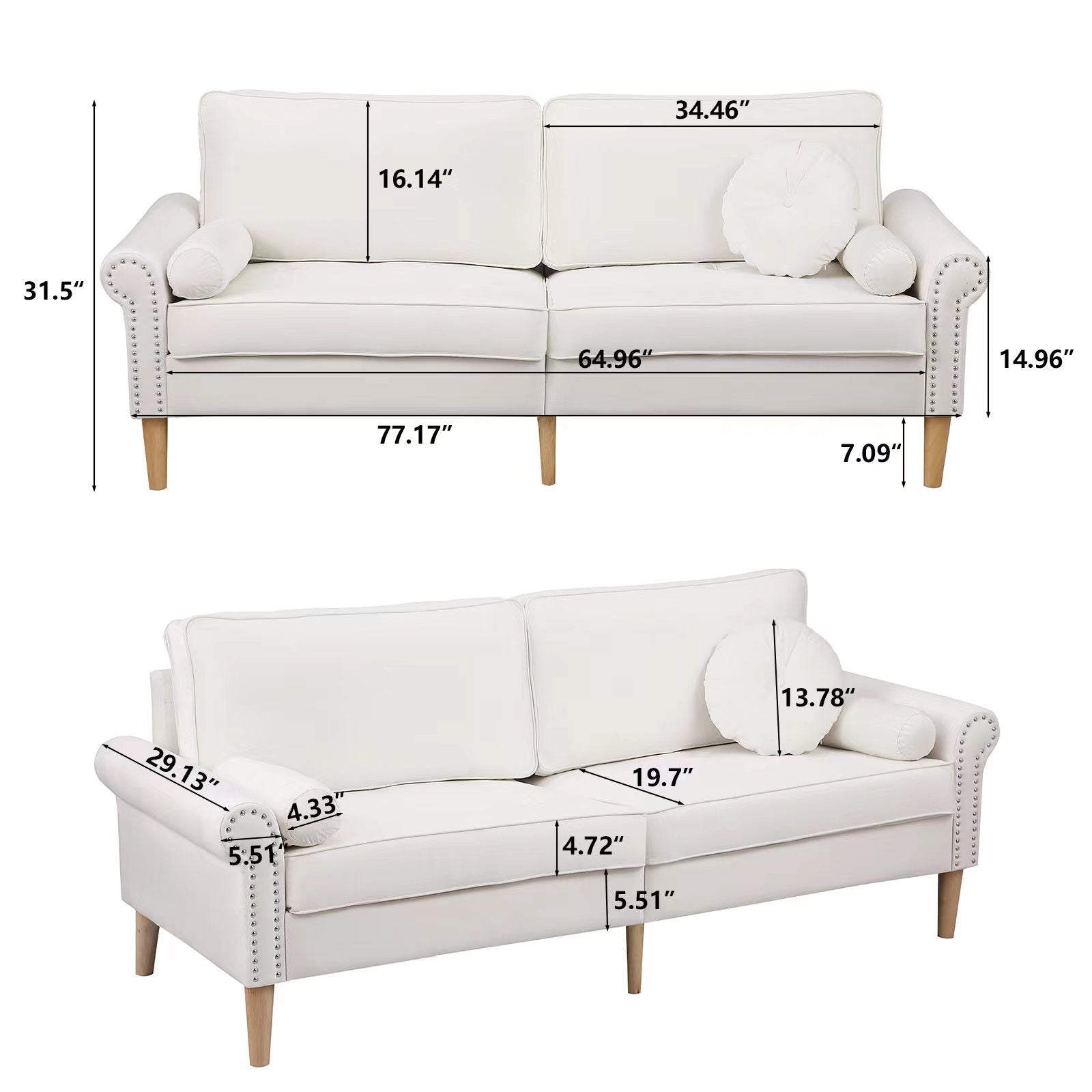 Living Room Sofa,3 Seater Sofawith Copper Nail On Arms ,Three Pillow,White White Velvet