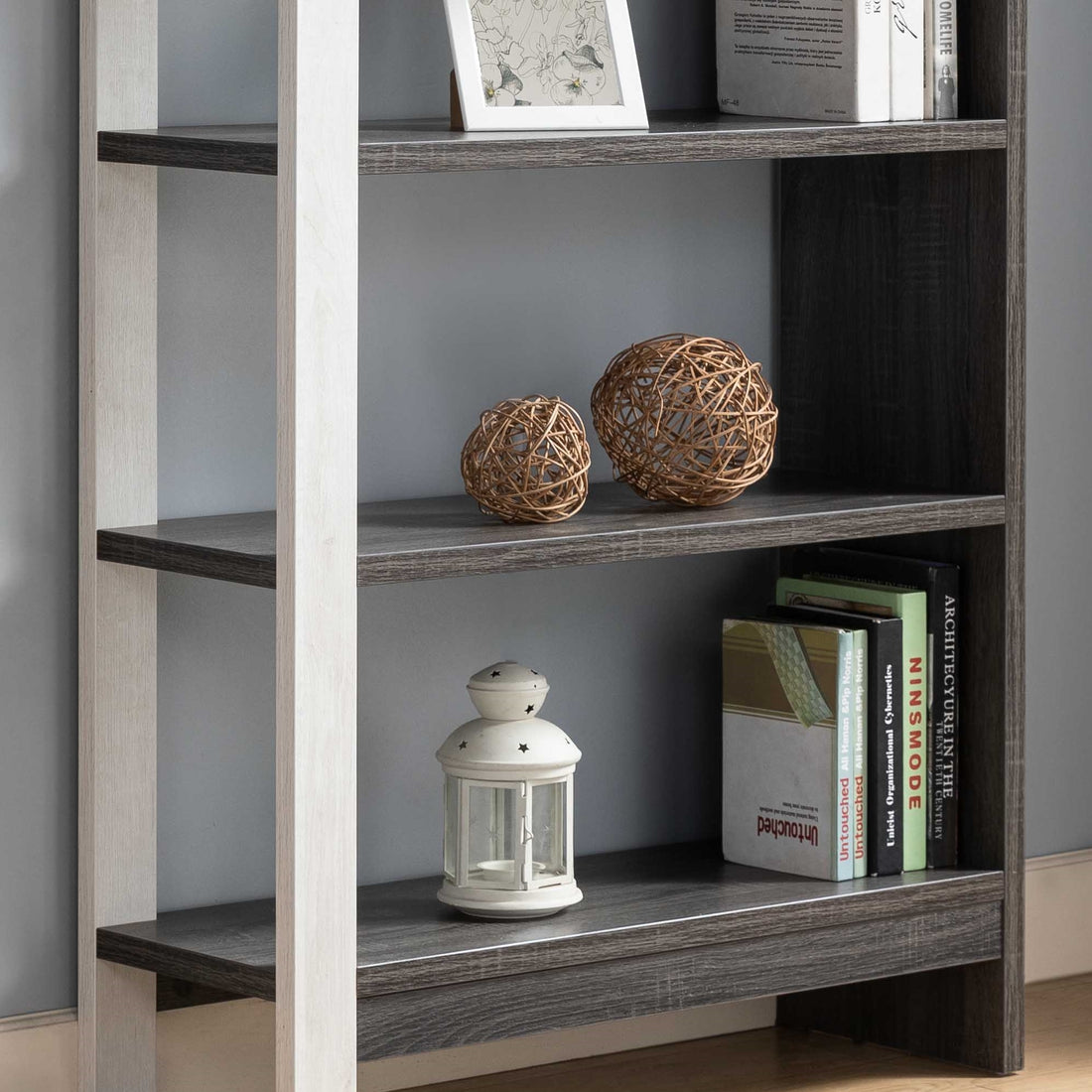 5 Tier Home Display Cabinet, Two Toned Freestanding Bookcase White Oak & Distressed Grey White Oak Particle Board