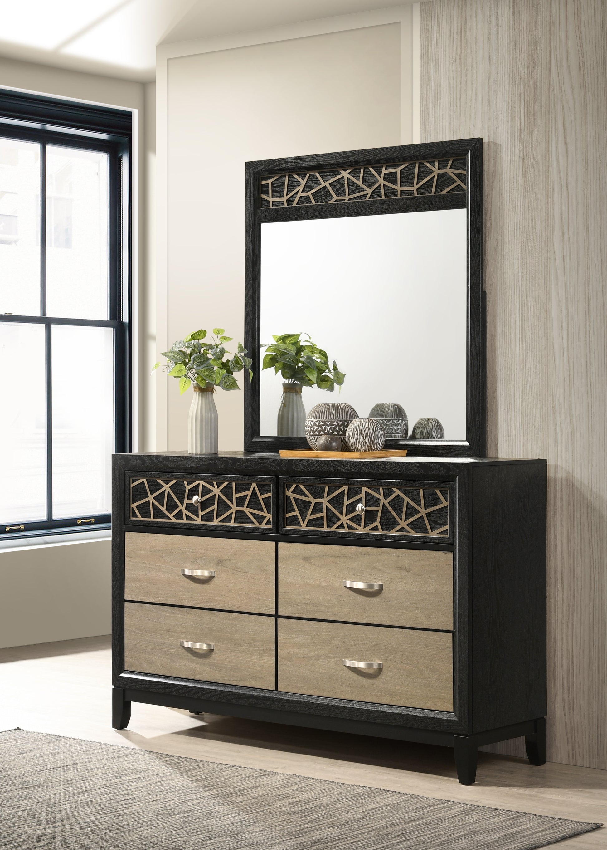 Selena Modern & Contemporary King 4Pc Bedroom Set Made With Wood In Black And Natural Box Spring Not Required King Black Natural Wood 4 Piece Set Bedroom Bed Included,Dresser Included,Mirror Included,Nightstand Included Contemporary,Modern Upholstered