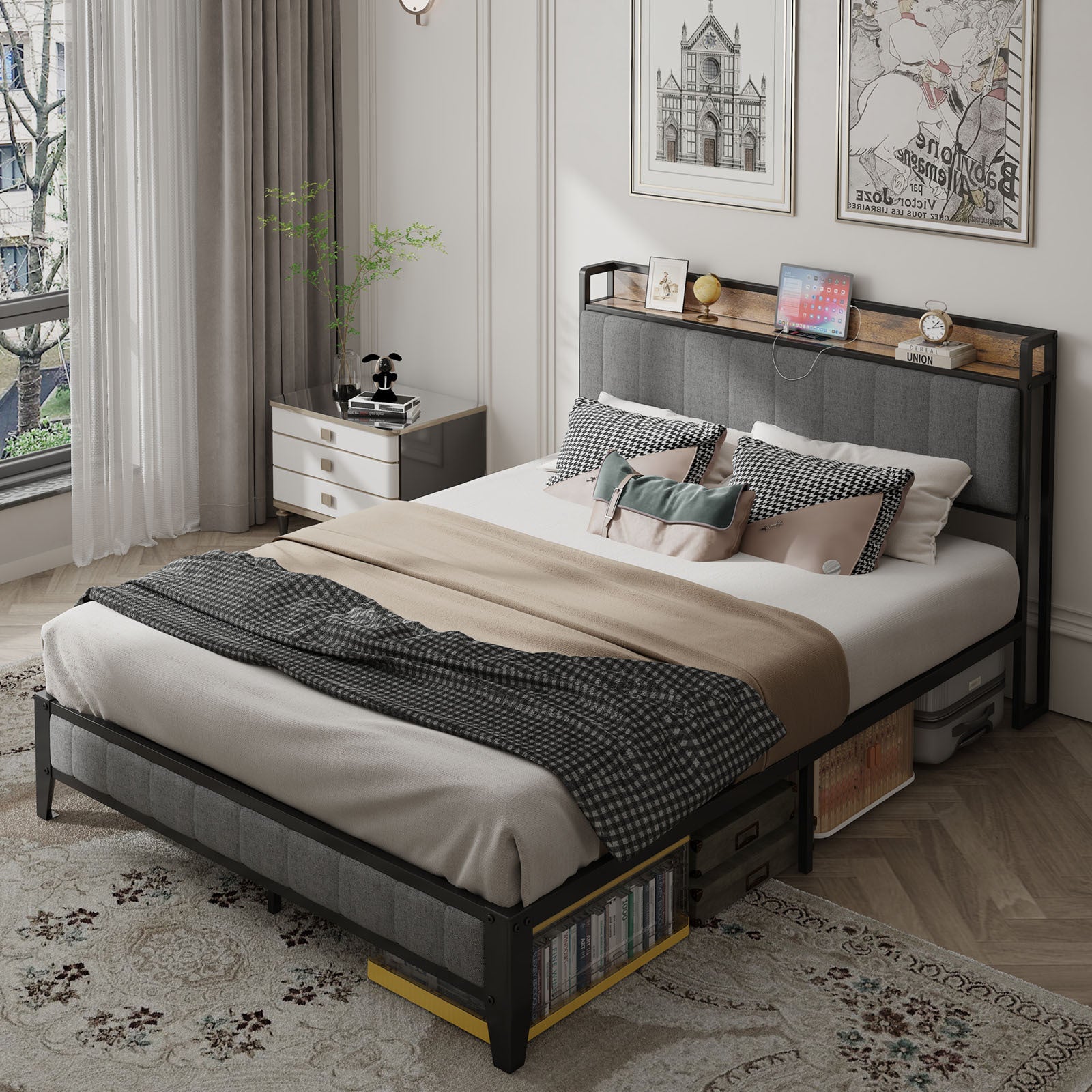 Queen Size Bed Frame With Charging Station, Upholstered Headboard, Metal Platform, Grey Box Spring Not Required Queen Dark Gray Metal Bedroom Bed Frame Upholstered Linen Metal