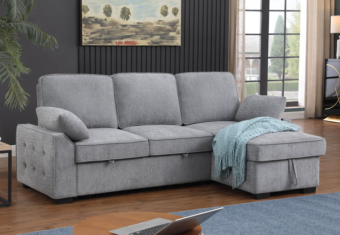 Mackenzie 91"W Light Gray Chenille Fabric Sleeper Sectional With Right Facing Storage Chaise, Drop Down Table, Cup Holders And Charging Ports Light Gray Chenille 3 Seat