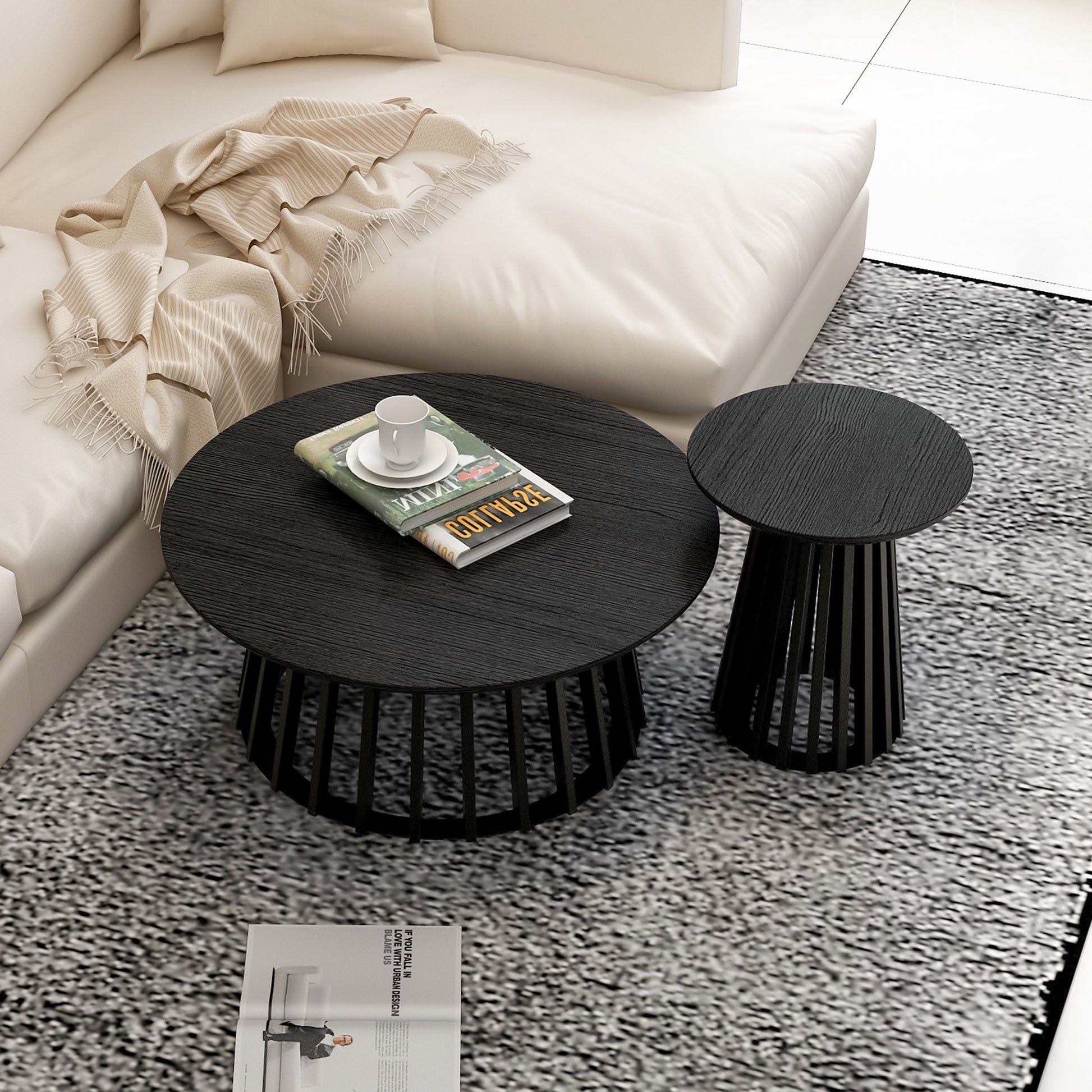 Round Coffee Table Set Of 2, Grille Molding, Suitable For Bedroom, Living Room, Balcony Black Mdf