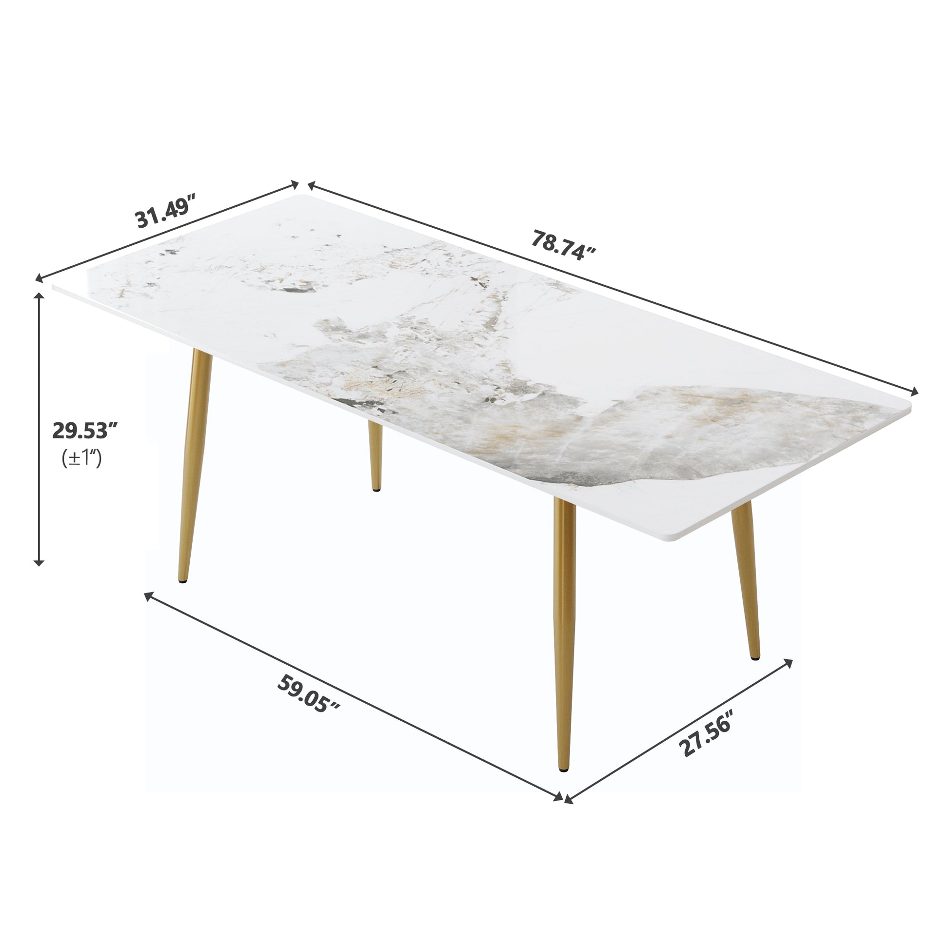 78.74" Modern Artificial Stone Pandora White Straight Edge Golden Metal Leg Dining Table Can Accommodate 8 People White Metal Sintered Stone