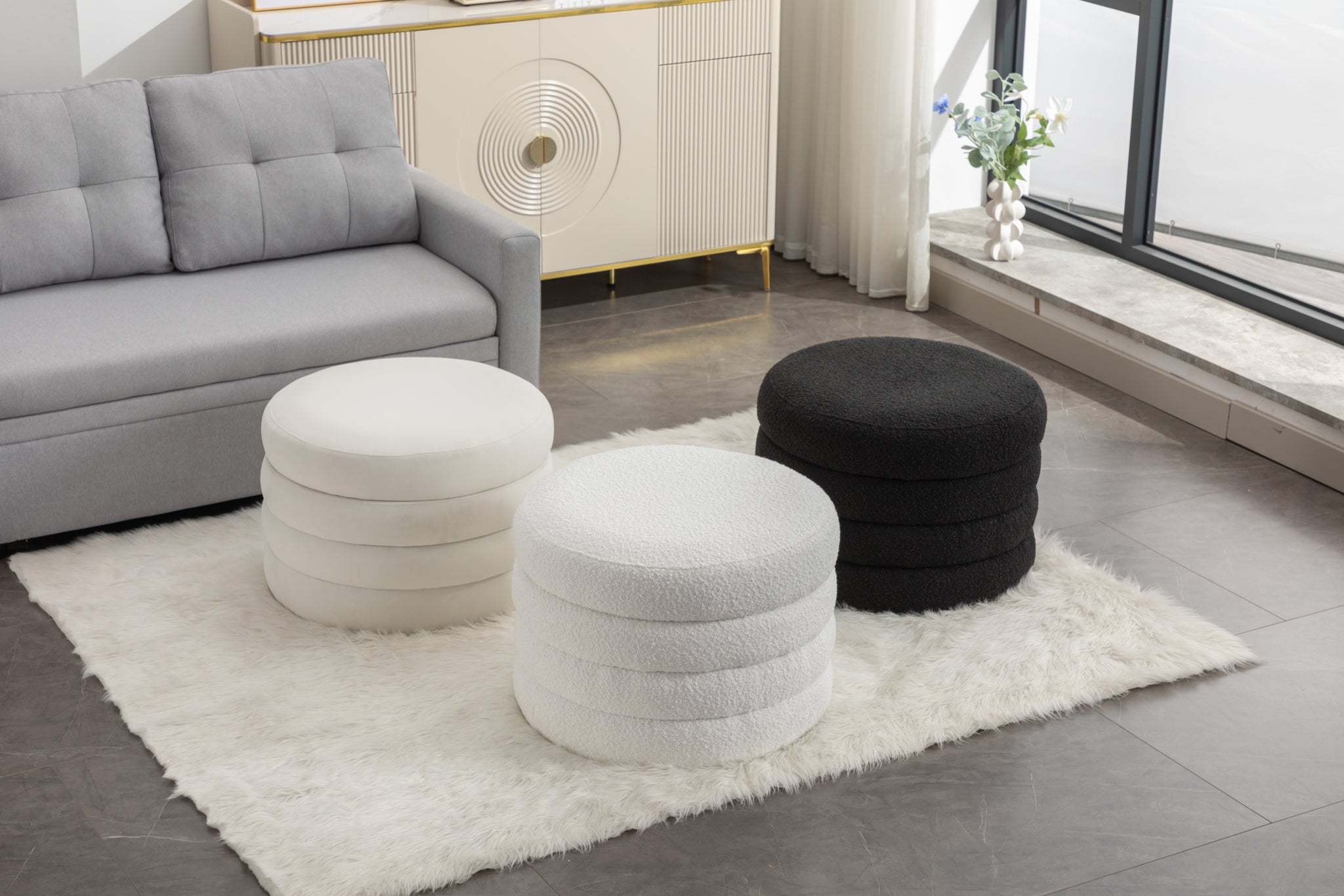 007 Velvet Fabric Storage Round Ottoman Footstool With white-wood-primary living