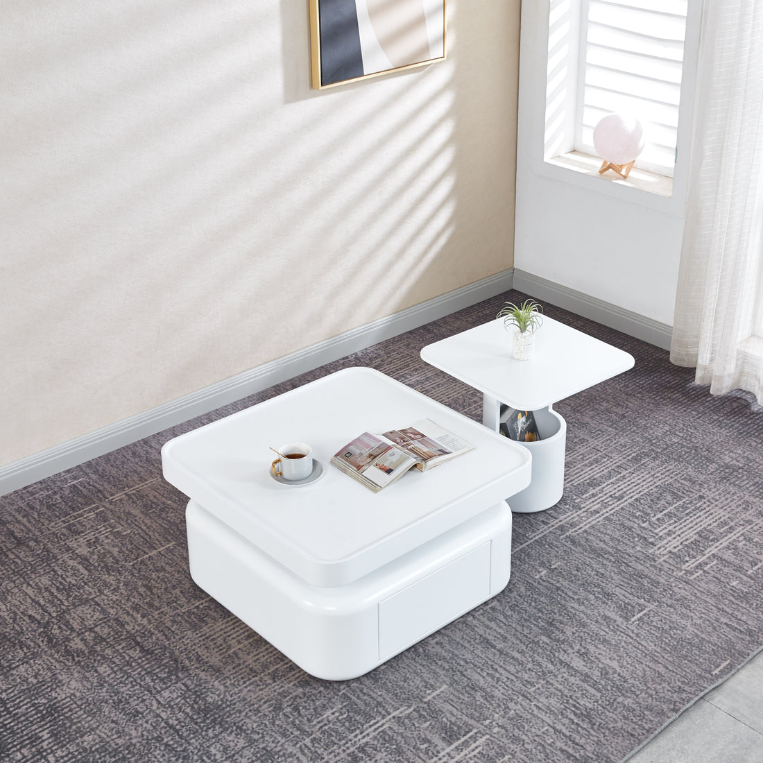 2 Pieces White Mdf Square Coffee Table Set For Living Room, Bedroom White Mdf