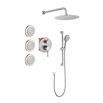 Shower System With Shower Head, Hand Shower, Slide Bar, Bodysprays, Shower Arm, Hose, Valve Trim, And Lever Handles Brushed Nickel Wall Mounted Bathroom Brass