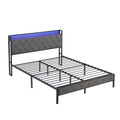 Queen Bed Frame With Storage Headboard, Charging Station And Led Lights, Upholstered Platform Bed With Heavy Metal Slats, No Box Spring Needed, Noise Free, Easy Assembly, Dark Gray Box Spring Not Required Queen Gray Metal Bedroom Bed Frame Metal