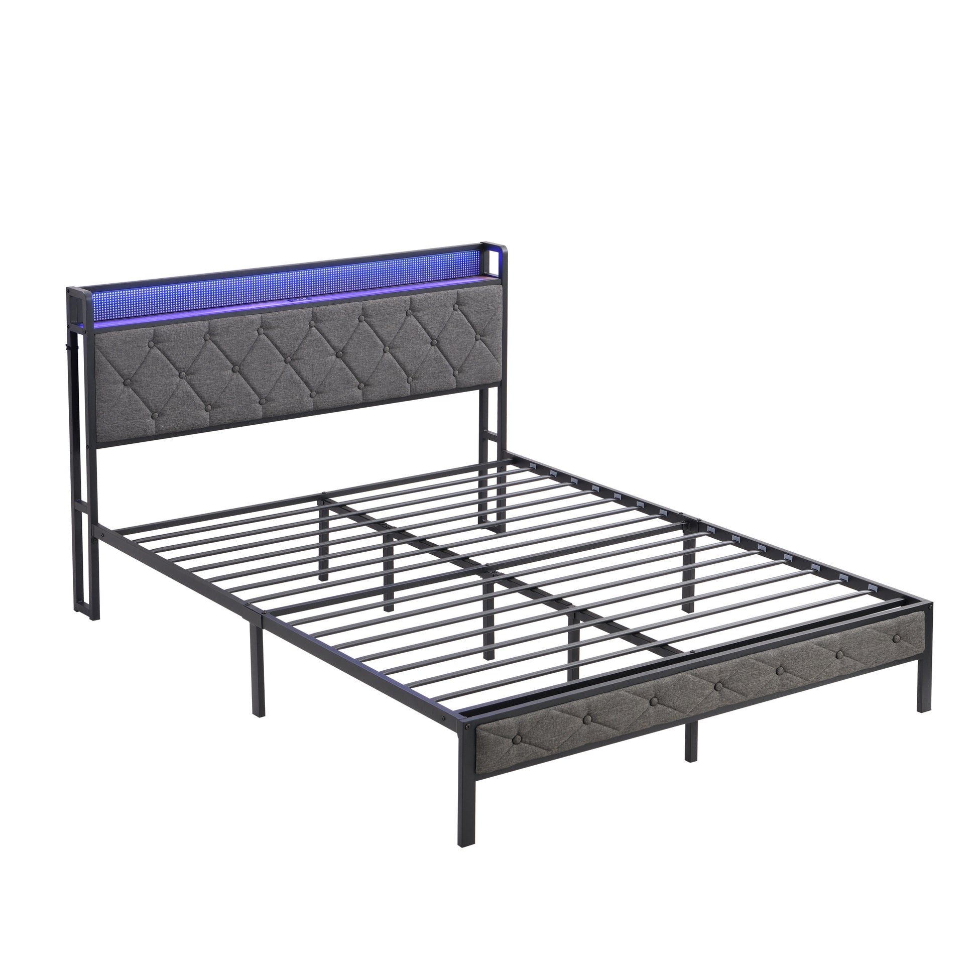 Queen Bed Frame With Storage Headboard, Charging Station And Led Lights, Upholstered Platform Bed With Heavy Metal Slats, No Box Spring Needed, Noise Free, Easy Assembly, Dark Gray Box Spring Not Required Queen Gray Metal Bedroom Bed Frame Metal