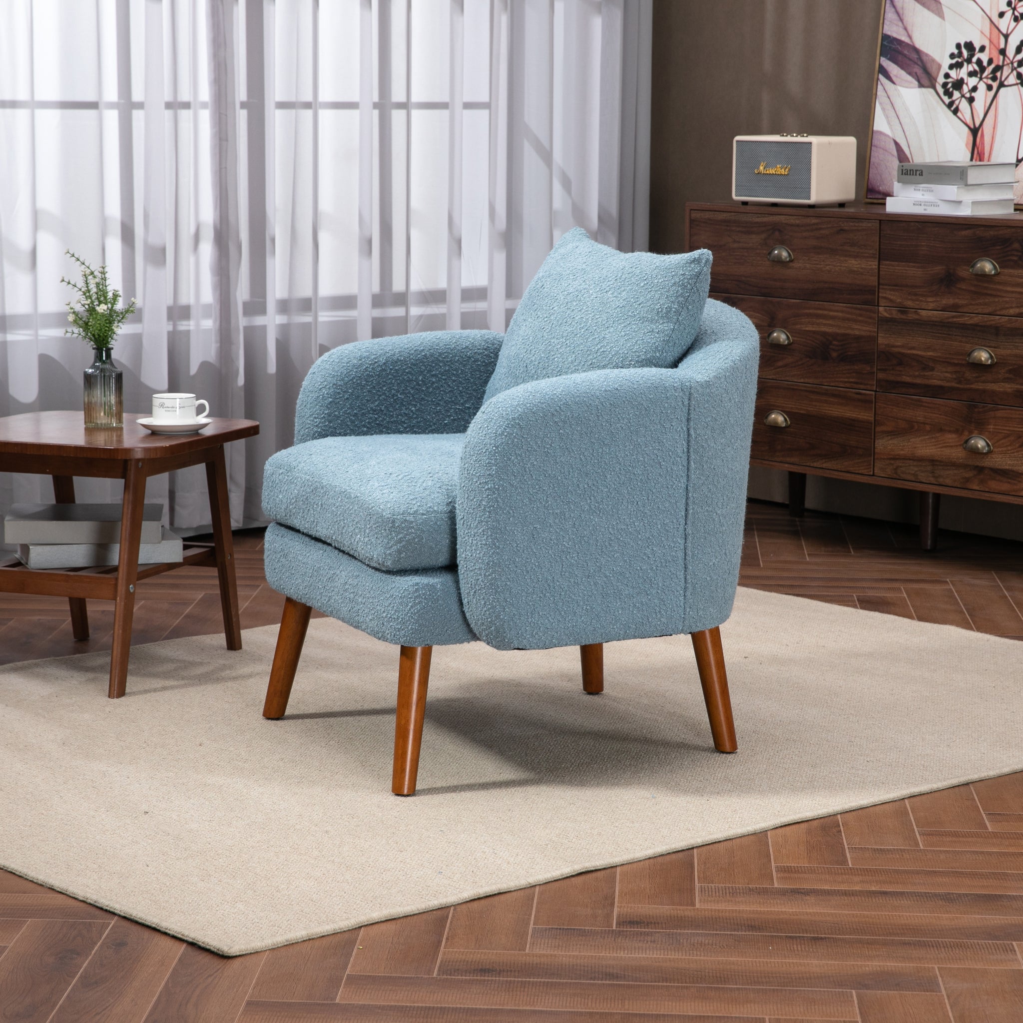 COOLMORE Wood Frame Armchair, Modern Accent Chair light blue-boucle
