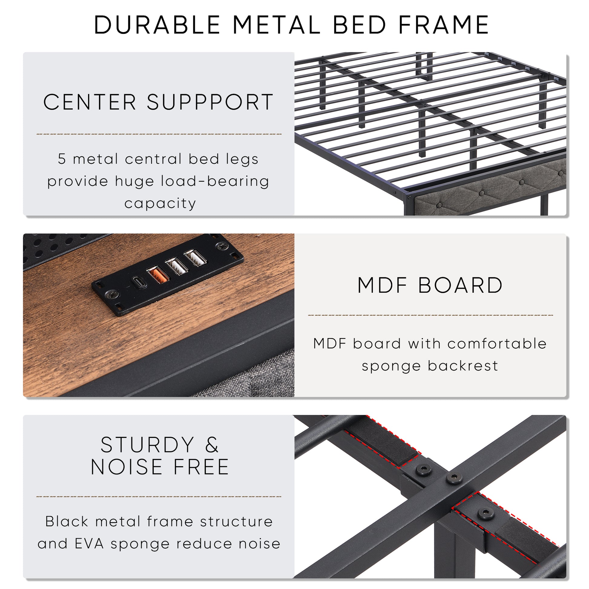 Full Bed Frame With Storage Headboard, Charging Station And Led Lights, Upholstered Platform Bed With Heavy Metal Slats, No Box Spring Needed, Noise Free, Easy Assembly, Dark Gray Box Spring Not Required Full Gray Metal Bedroom Bed Frame Metal