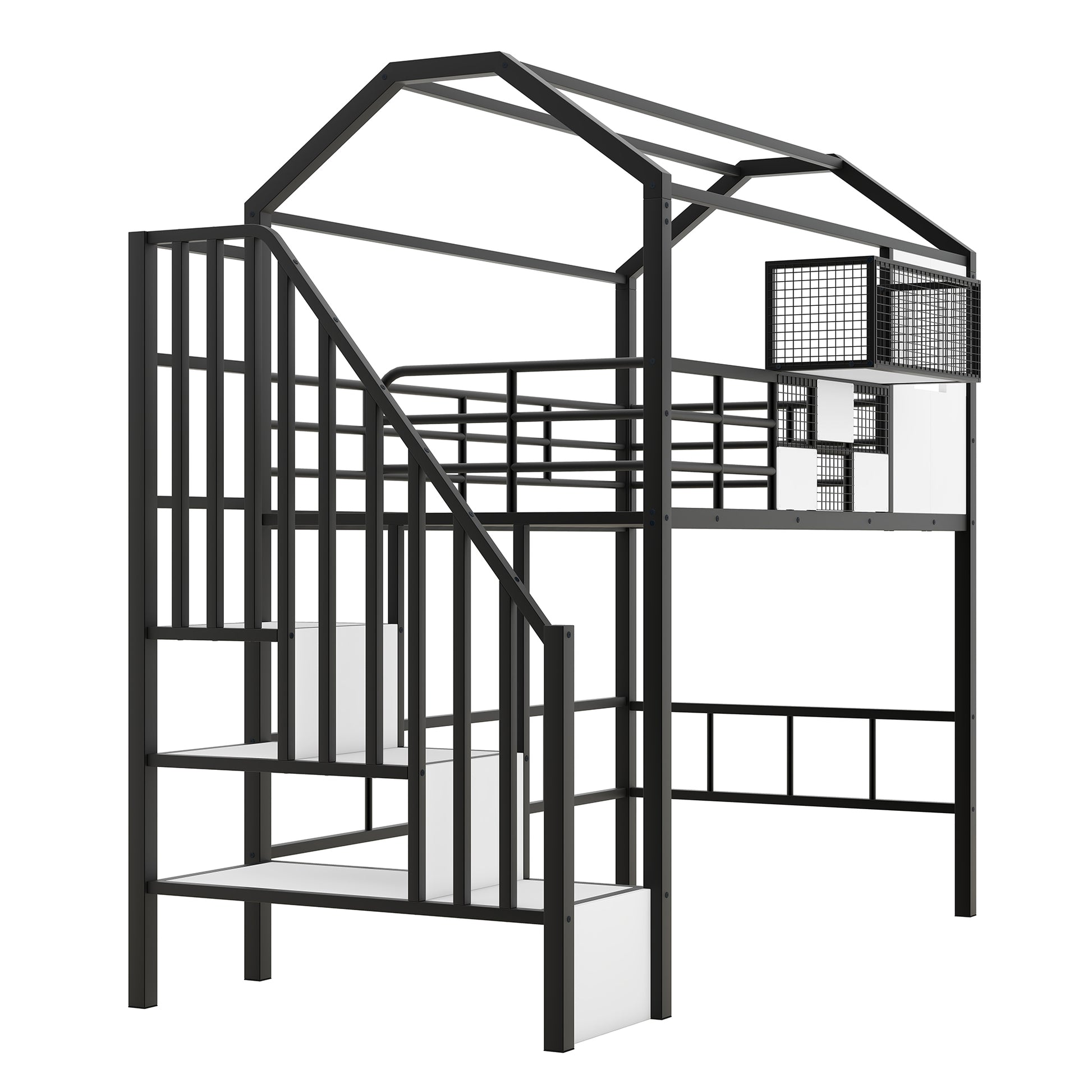 Metal Loft Bed With Roof Design And A Storage Box, Twin, Black Twin Black Metal