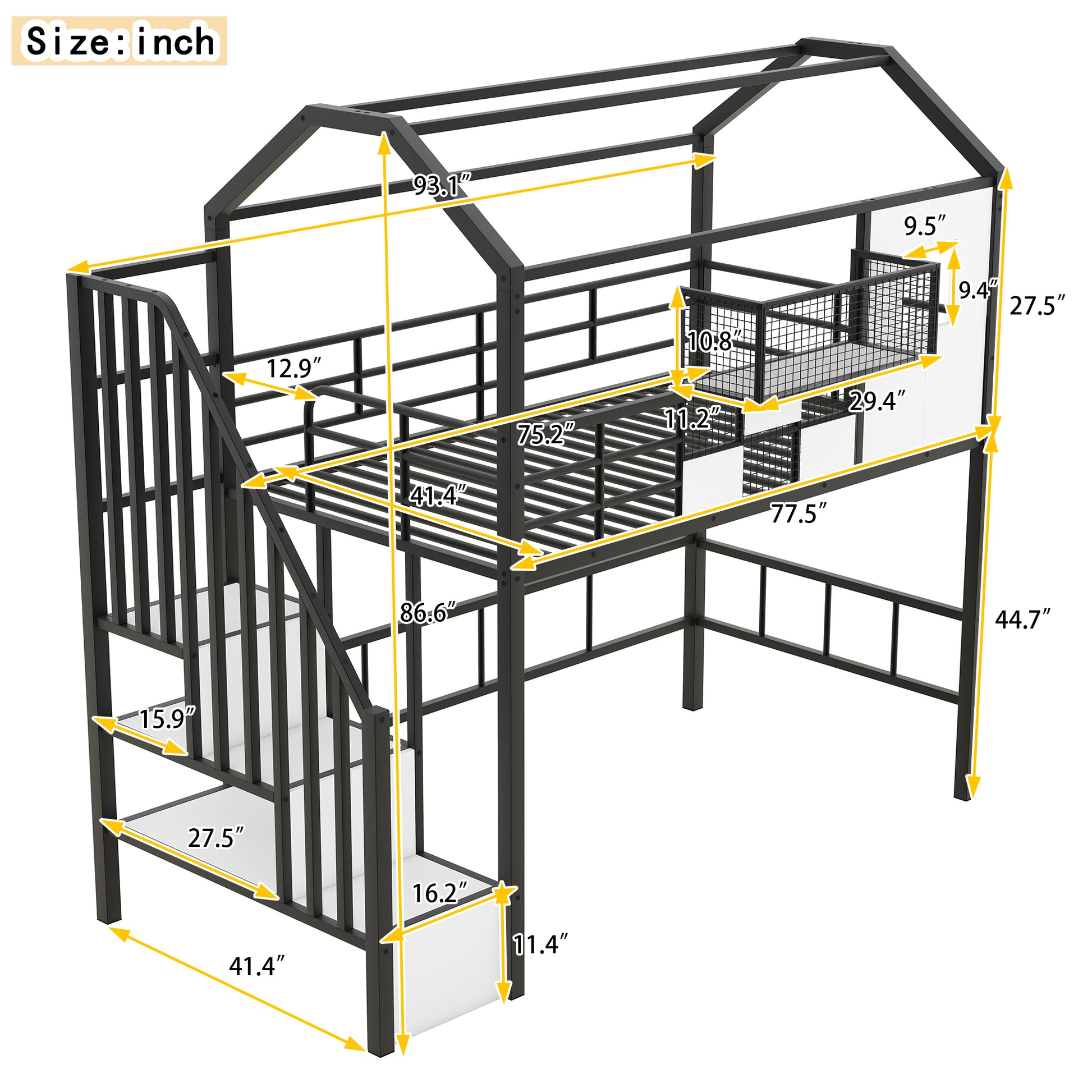 Metal Loft Bed With Roof Design And A Storage Box, Twin, Black Twin Black Metal