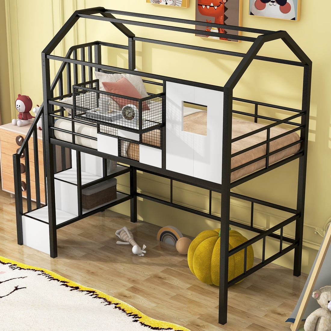 Metal Loft Bed With Roof Design And A Storage Box, Twin, Black Twin Black Metal