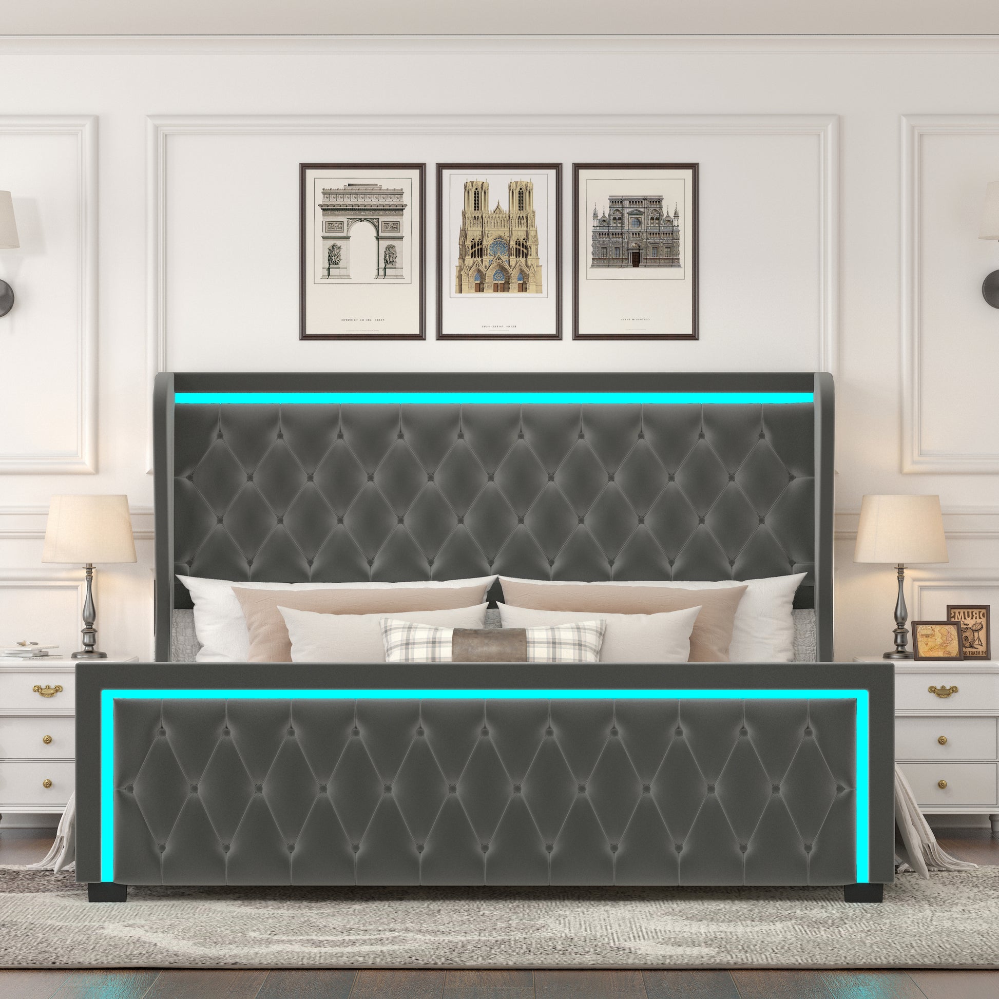 Queen Platform Bed Frame With High Headboard, Velvet Upholstered Bed With Deep Tufted Buttons, Adjustable Colorful Led Light Decorative Headboard, Wide Wingbacks,Grey Queen Grey Velvet