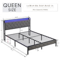 Queen Bed Frame With Storage Headboard, Charging Station And Led Lights, Upholstered Platform Bed With Heavy Metal Slats, No Box Spring Needed, Noise Free, Easy Assembly, Dark Gray Box Spring Not Required Queen Gray Metal Bedroom Bed Frame Metal