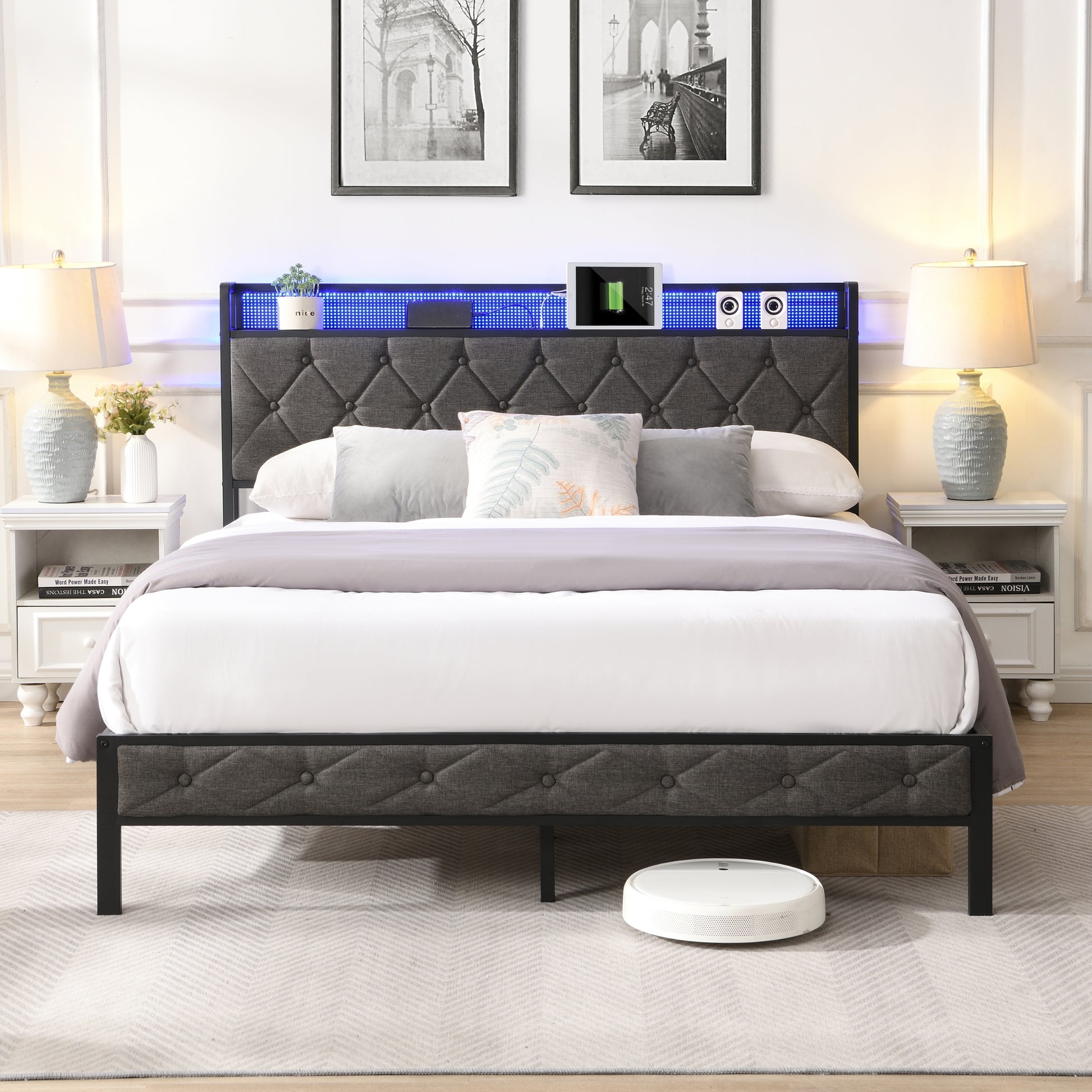 Queen Bed Frame With Storage Headboard, Charging Station And Led Lights, Upholstered Platform Bed With Heavy Metal Slats, No Box Spring Needed, Noise Free, Easy Assembly, Dark Gray Box Spring Not Required Queen Gray Metal Bedroom Bed Frame Metal