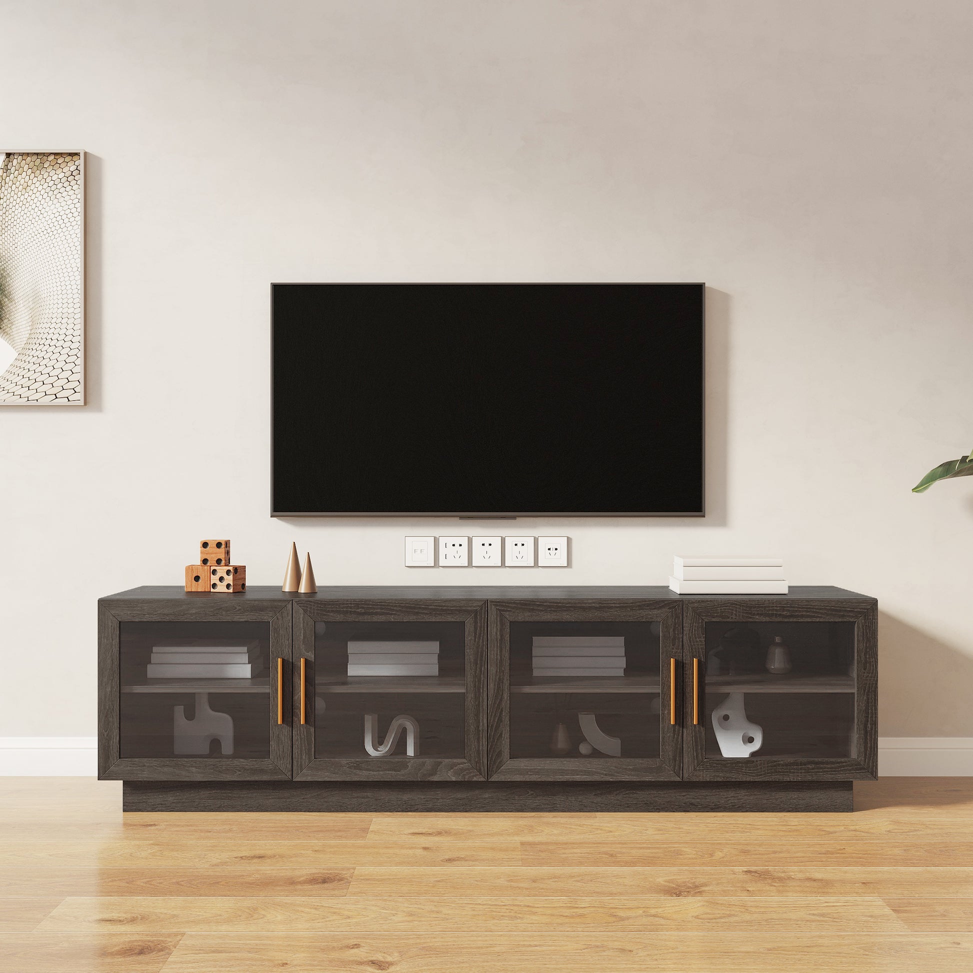 70.87" Tv Standmodern Tv Cabinet & Entertainment Center With Shelves, Wood Storage Cabinet For Living Room Or Bedroom Brown Gray Mdf