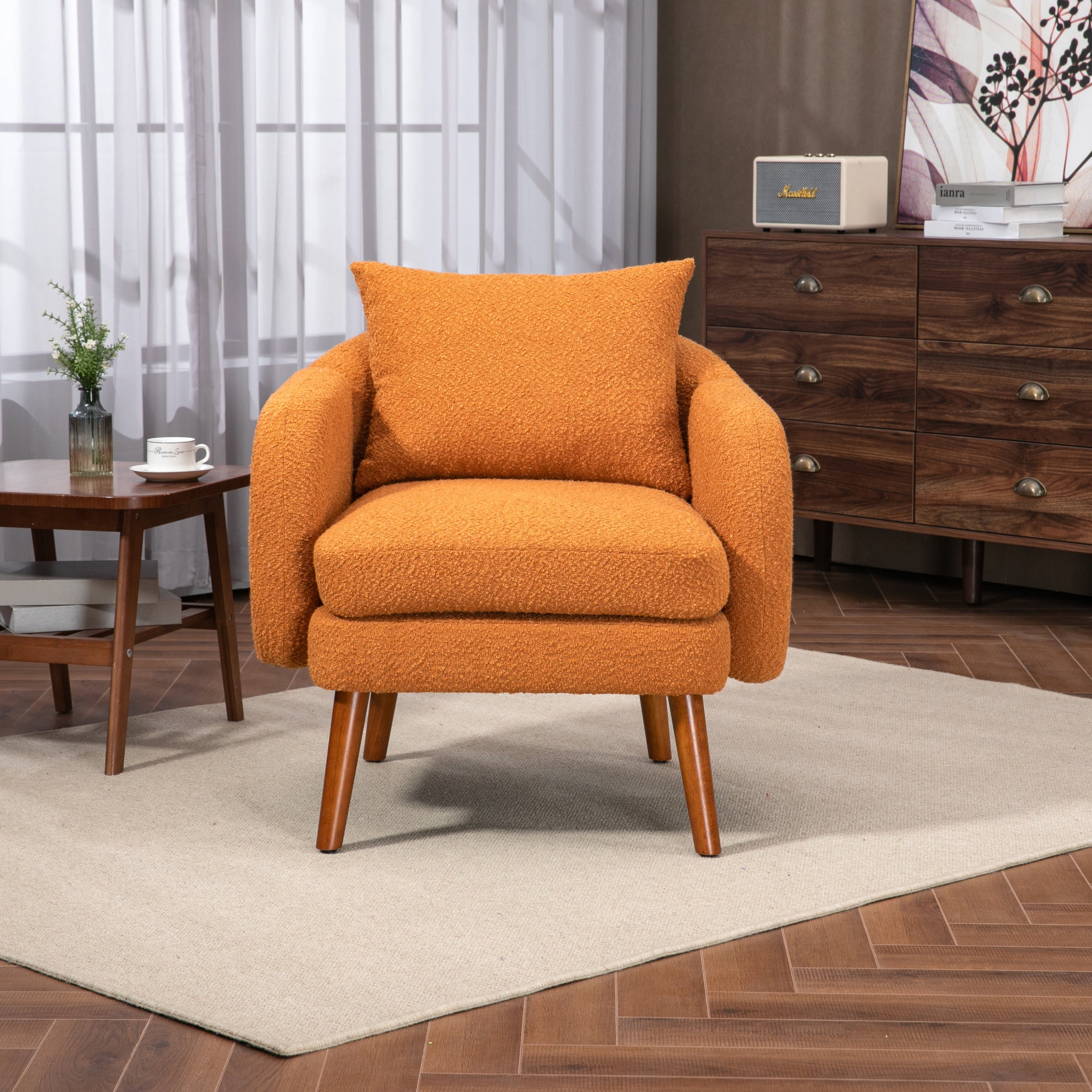 COOLMORE Wood Frame Armchair, Modern Accent Chair orange-boucle