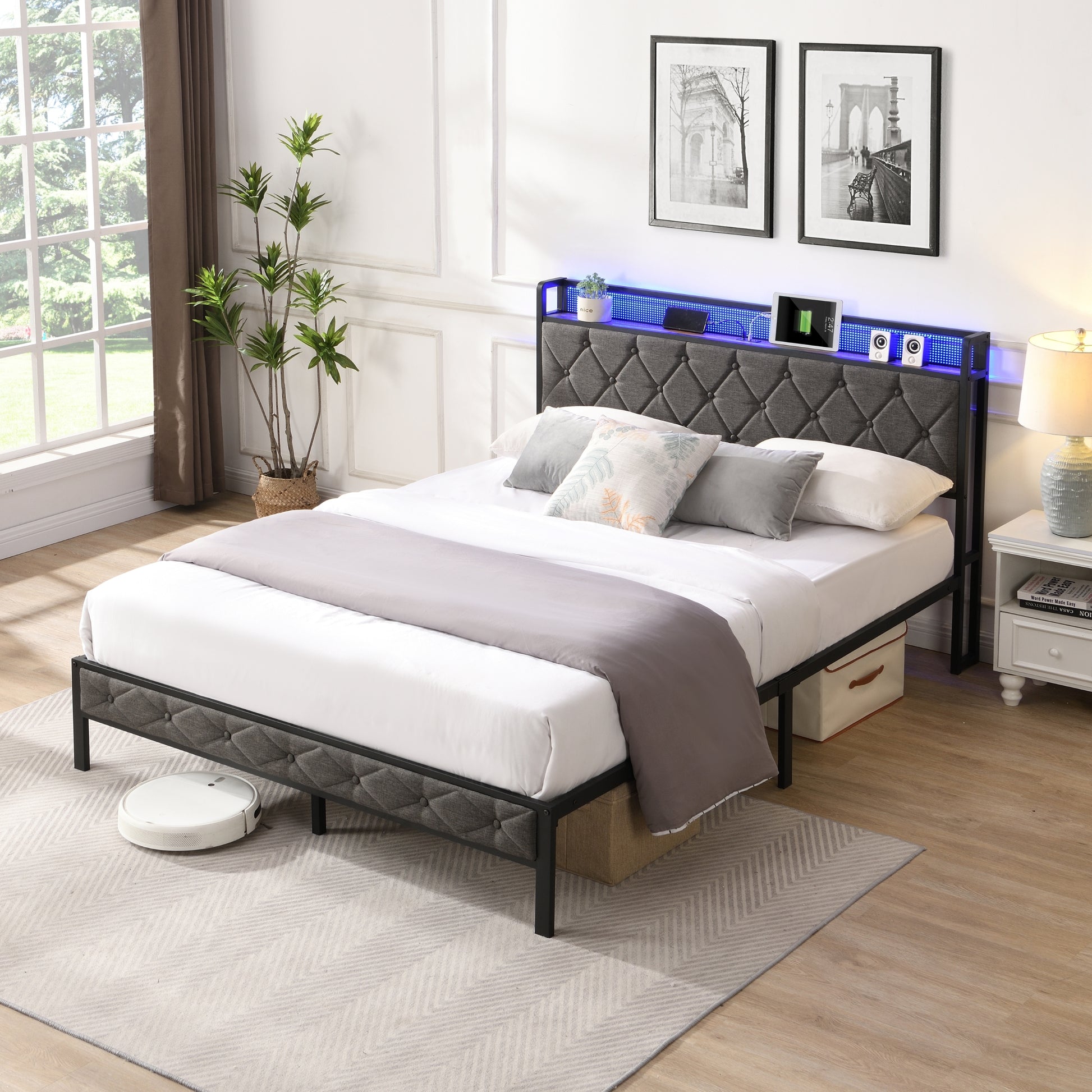 Full Bed Frame With Storage Headboard, Charging Station And Led Lights, Upholstered Platform Bed With Heavy Metal Slats, No Box Spring Needed, Noise Free, Easy Assembly, Dark Gray Box Spring Not Required Full Gray Metal Bedroom Bed Frame Metal