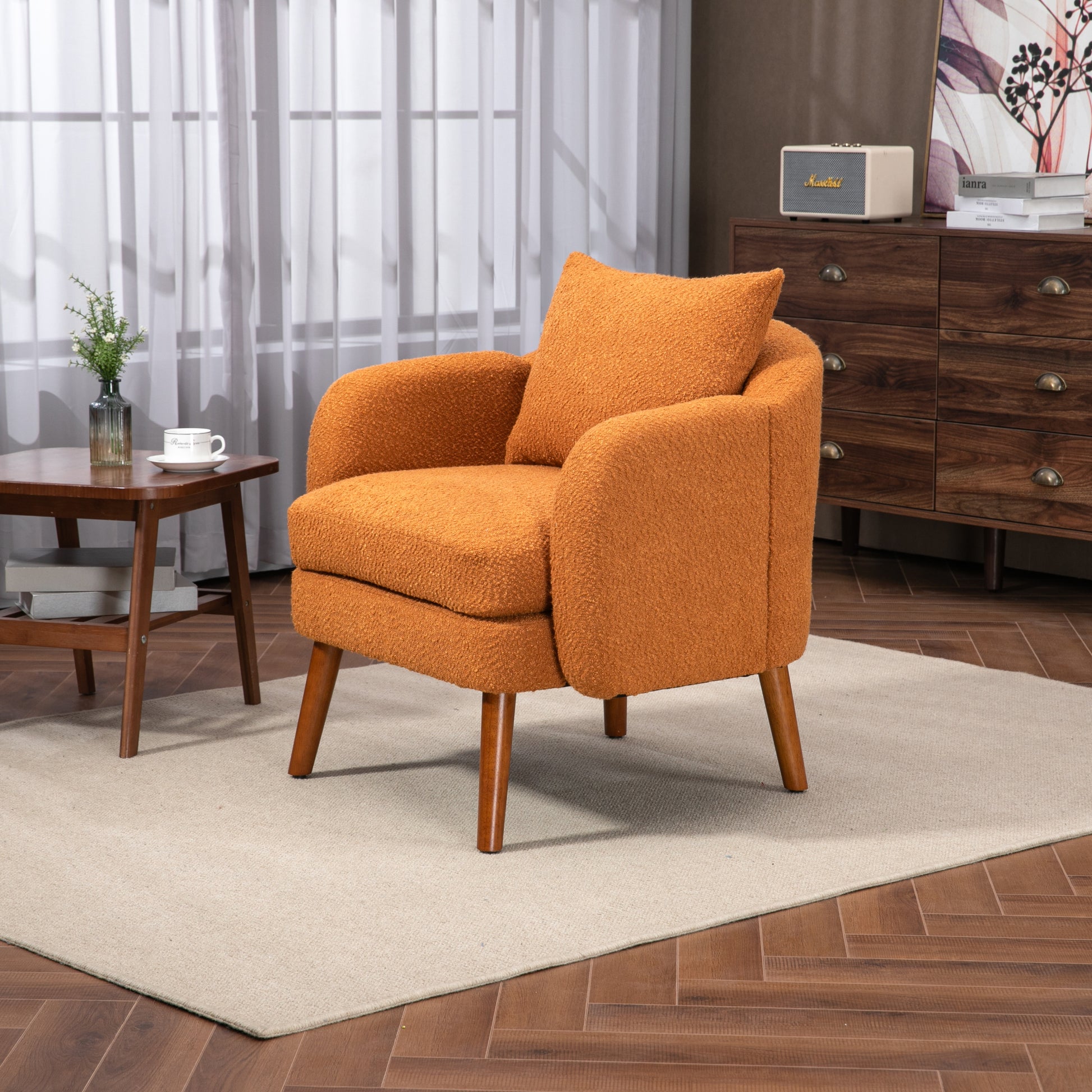 Coolmore Wood Frame Armchair, Modern Accent Chair Lounge Chair For Living Room Orange Boucle