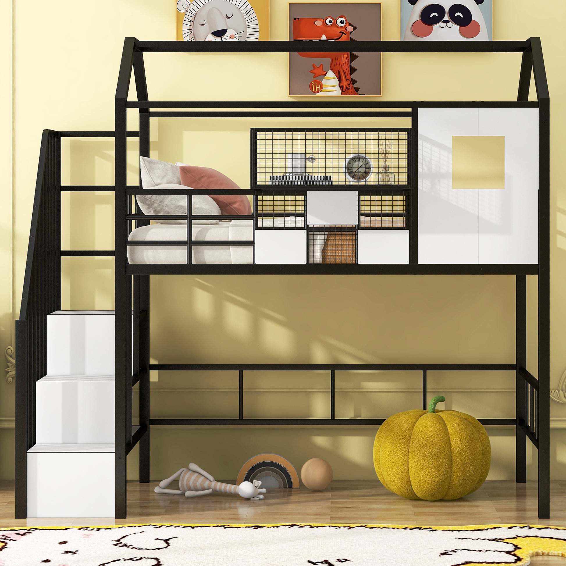 Metal Loft Bed With Roof Design And A Storage Box, Twin, Black Twin Black Metal