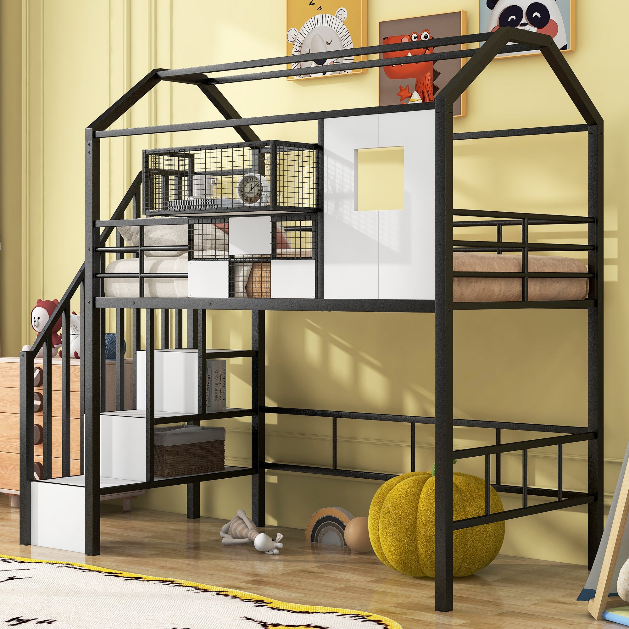 Metal Loft Bed With Roof Design And A Storage Box, Twin, Black Twin Black Metal