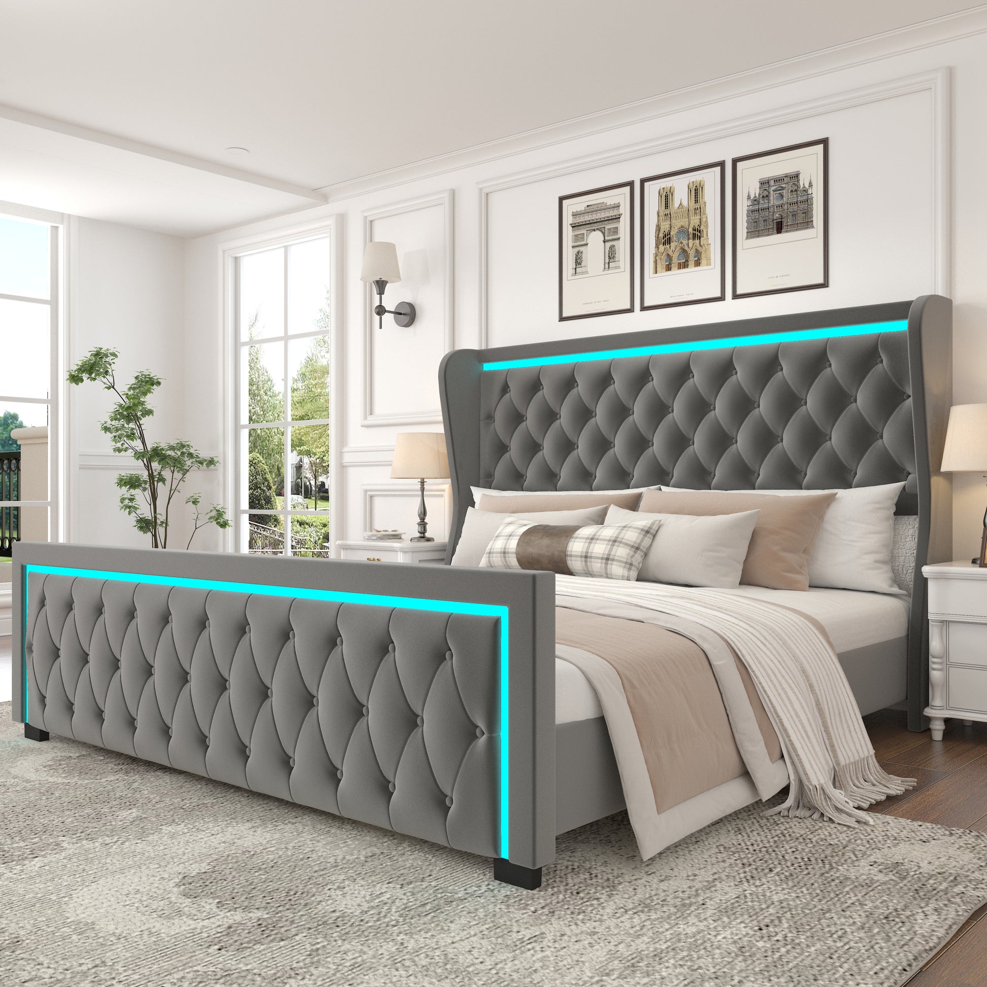 Queen Platform Bed Frame With High Headboard, Velvet Upholstered Bed With Deep Tufted Buttons, Adjustable Colorful Led Light Decorative Headboard, Wide Wingbacks,Grey Queen Grey Velvet