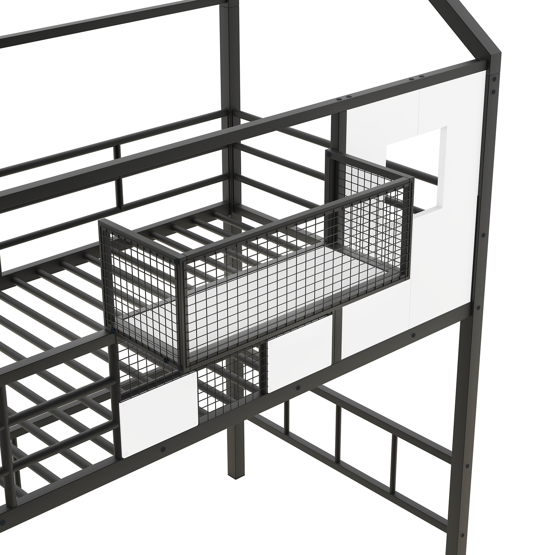 Metal Loft Bed With Roof Design And A Storage Box, Twin, Black Twin Black Metal