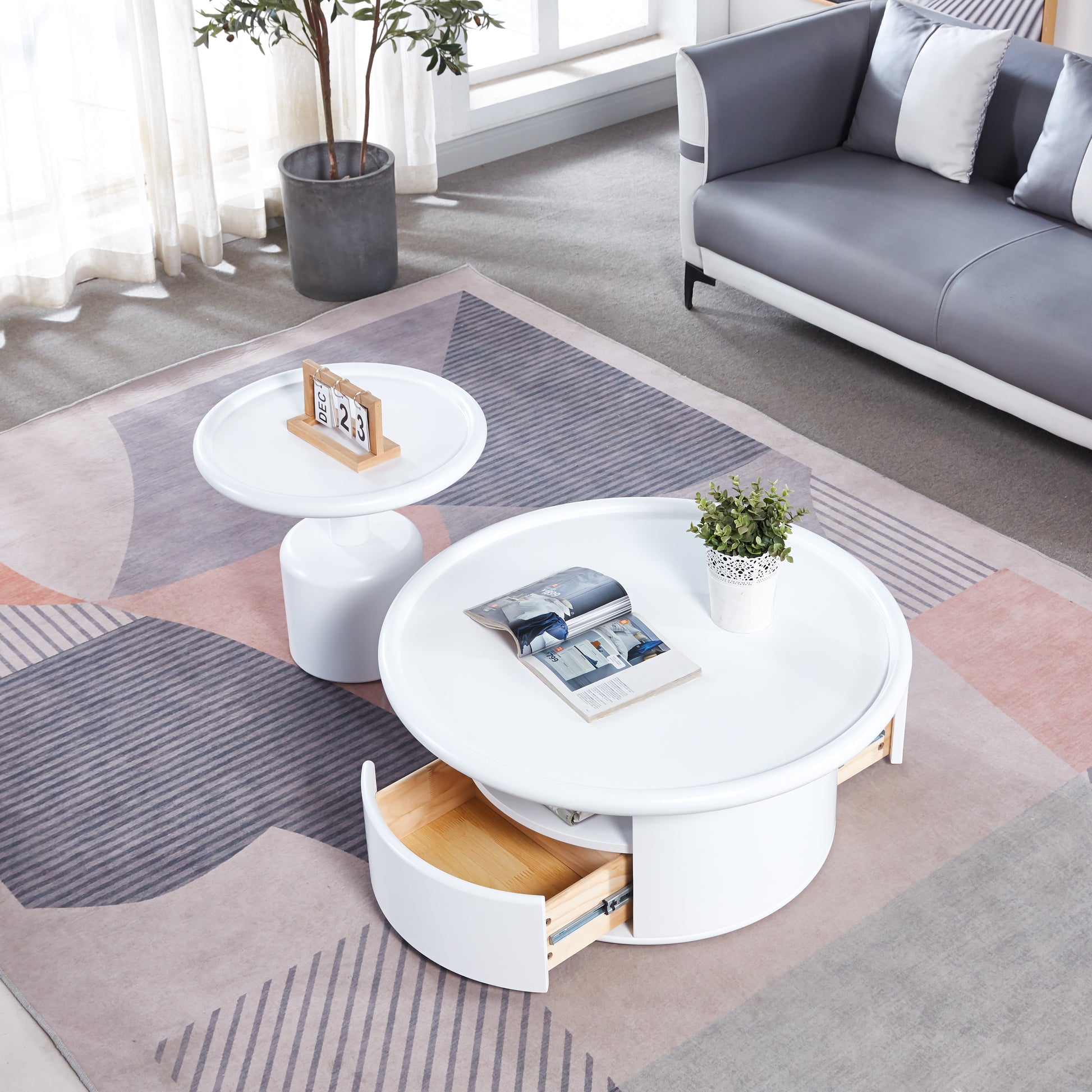 2 Pieces White Mdf Round Coffee Table Set For Living Room, Bedroom White Mdf