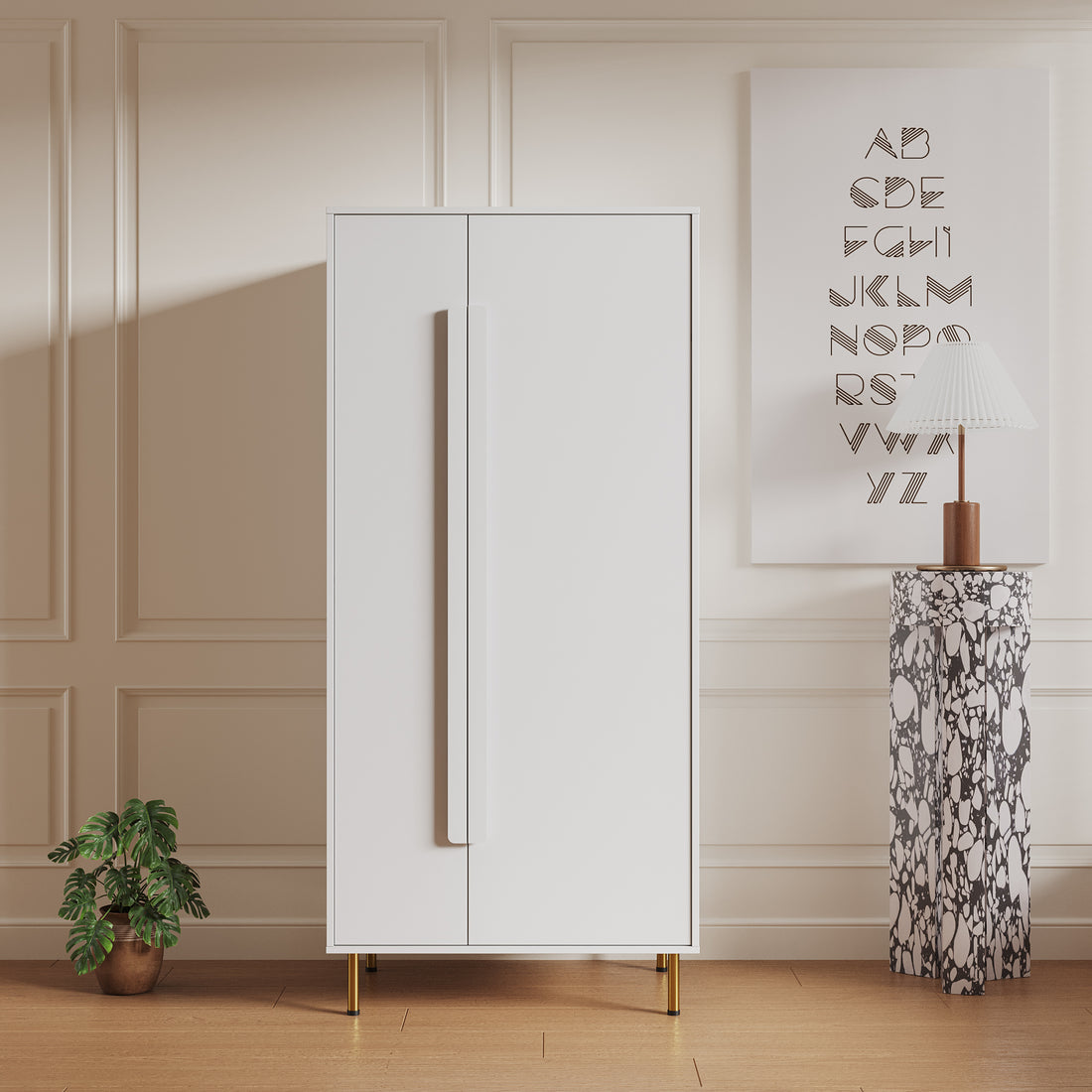 Armoire With 2 Doors With Handle For Bedroom, White White Mdf