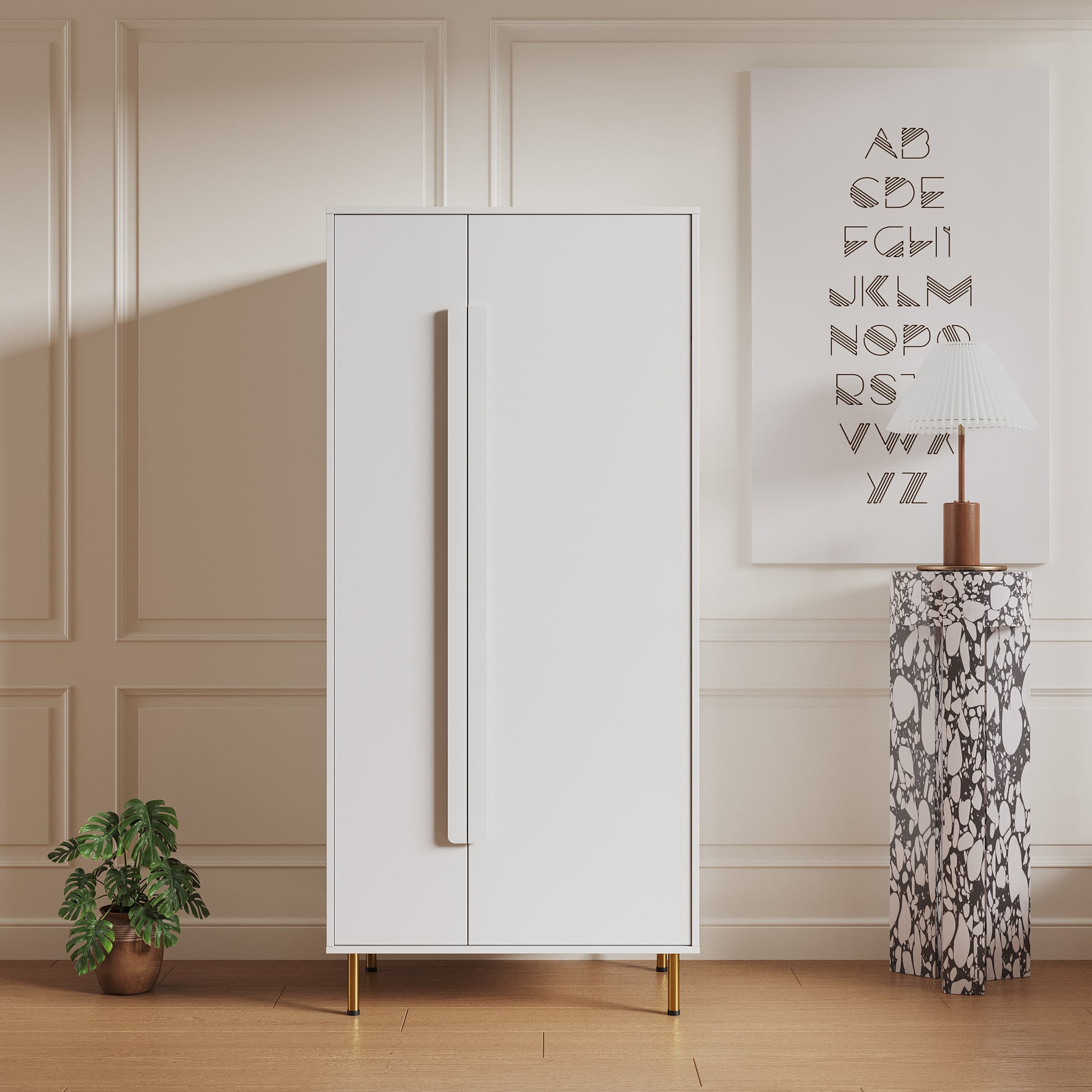 Armoire With 2 Doors With Handle For Bedroom, White White Mdf