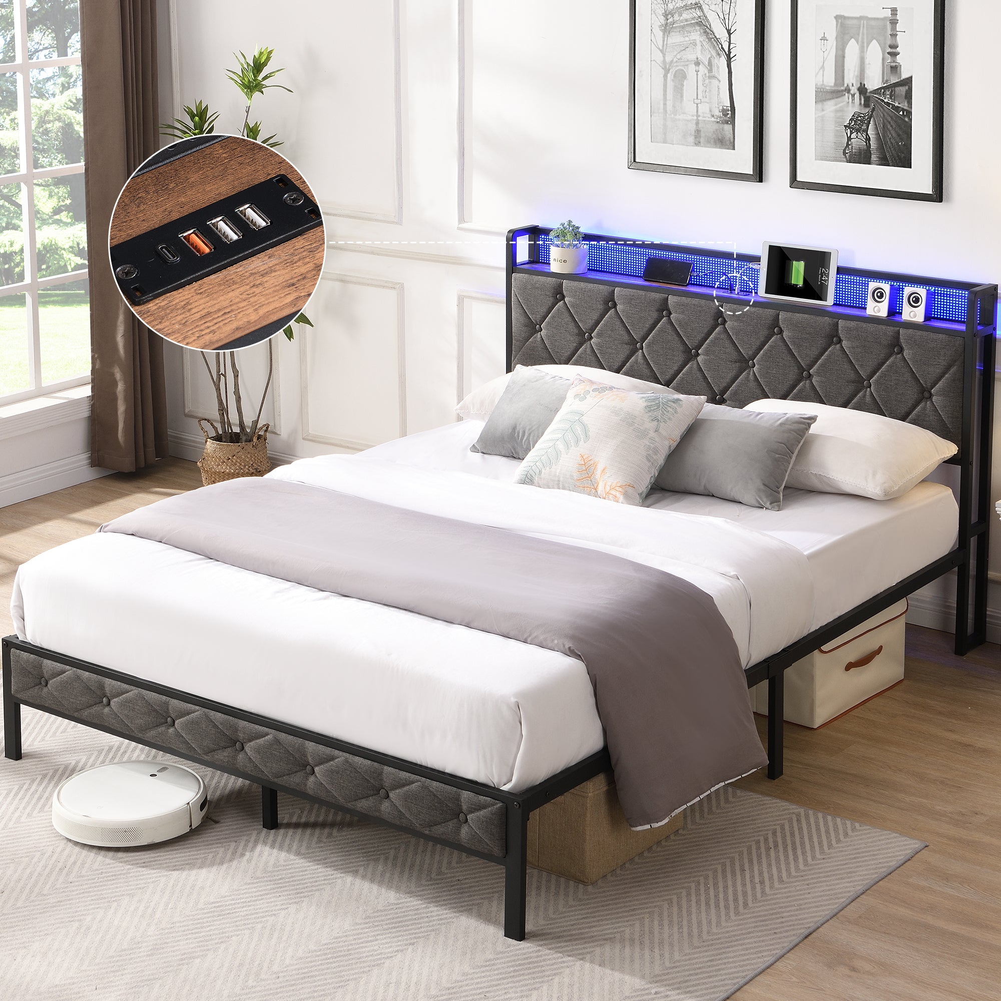 Full Bed Frame With Storage Headboard, Charging Station And Led Lights, Upholstered Platform Bed With Heavy Metal Slats, No Box Spring Needed, Noise Free, Easy Assembly, Dark Gray Box Spring Not Required Full Gray Metal Bedroom Bed Frame Metal