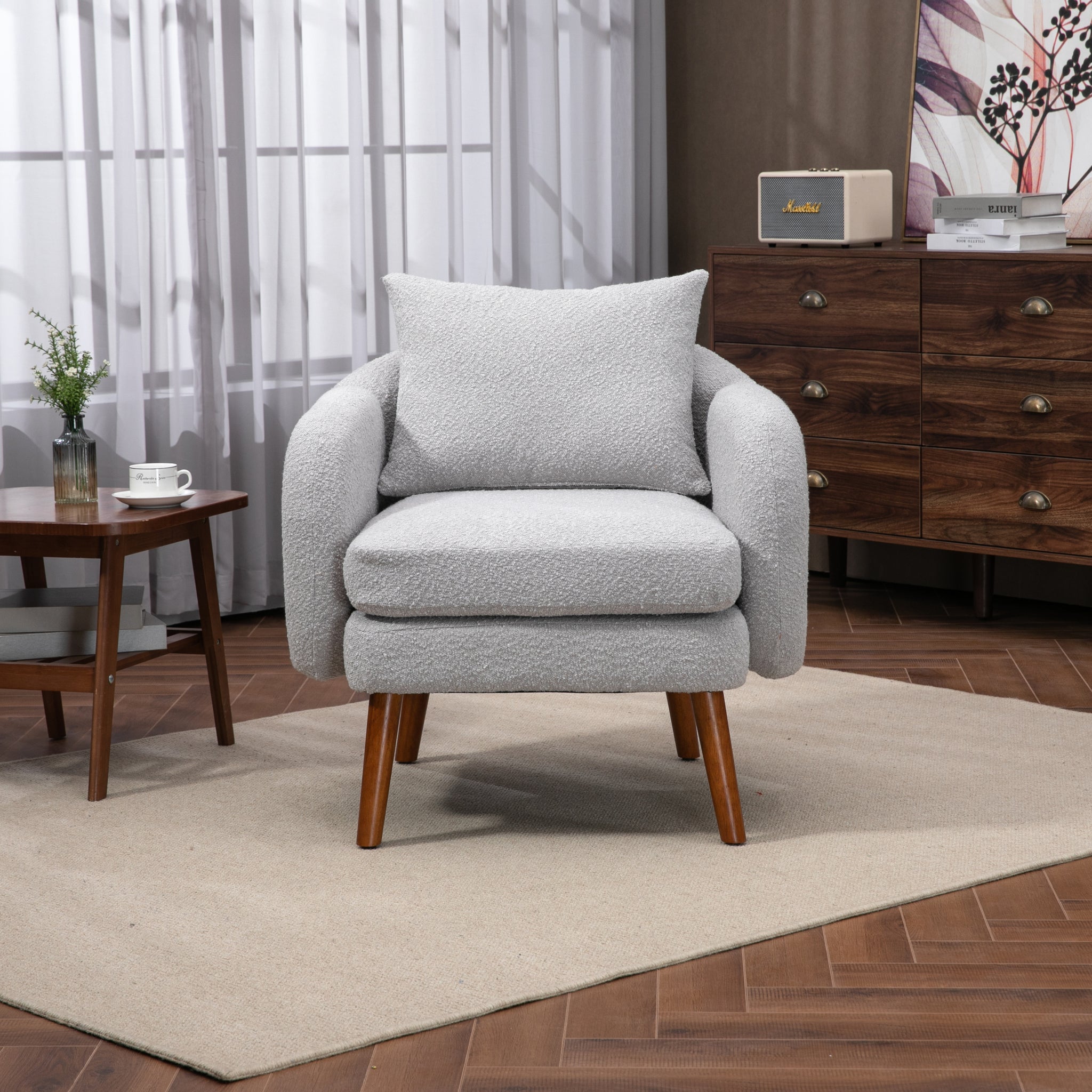 COOLMORE Wood Frame Armchair, Modern Accent Chair gray-boucle