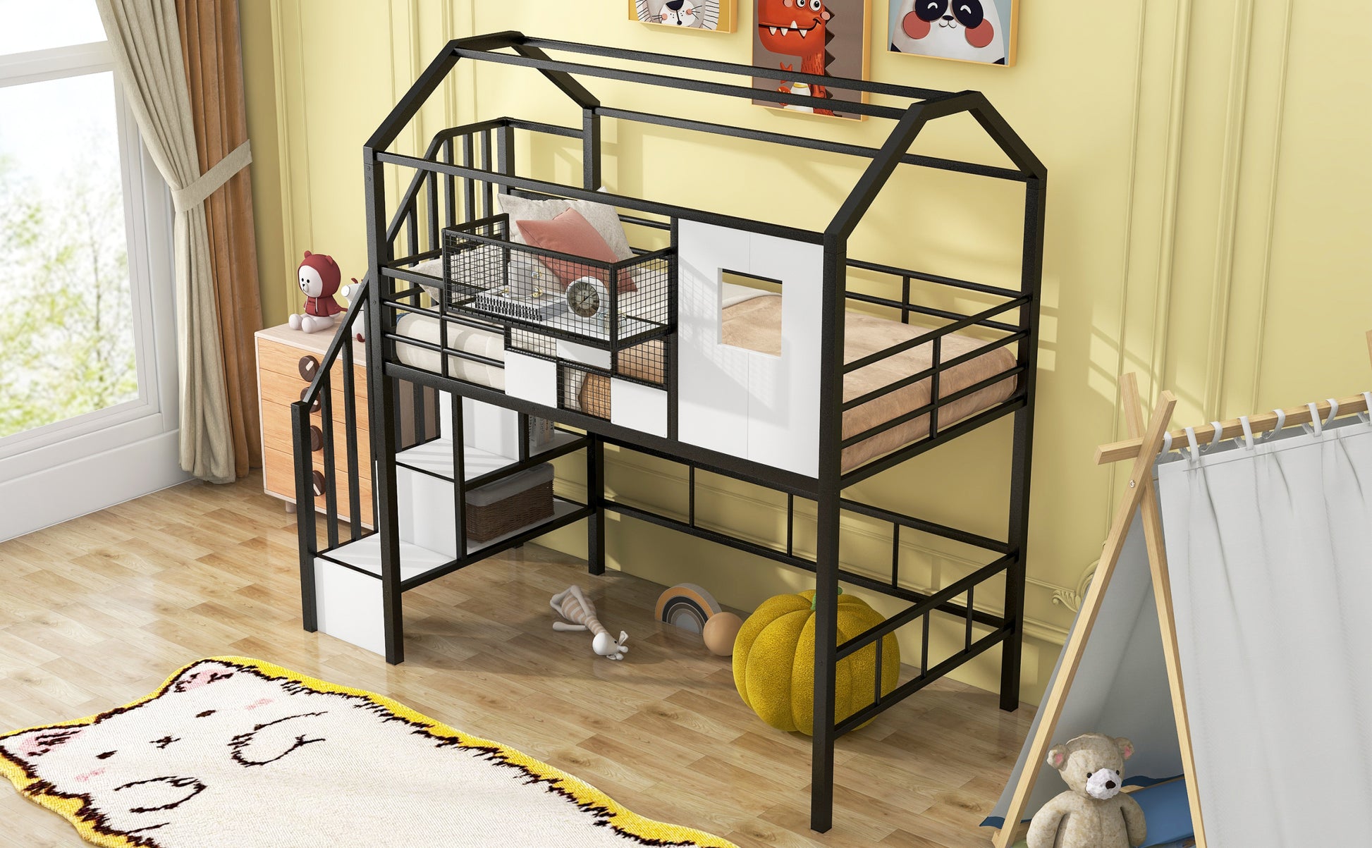 Metal Loft Bed With Roof Design And A Storage Box, Twin, Black Twin Black Metal