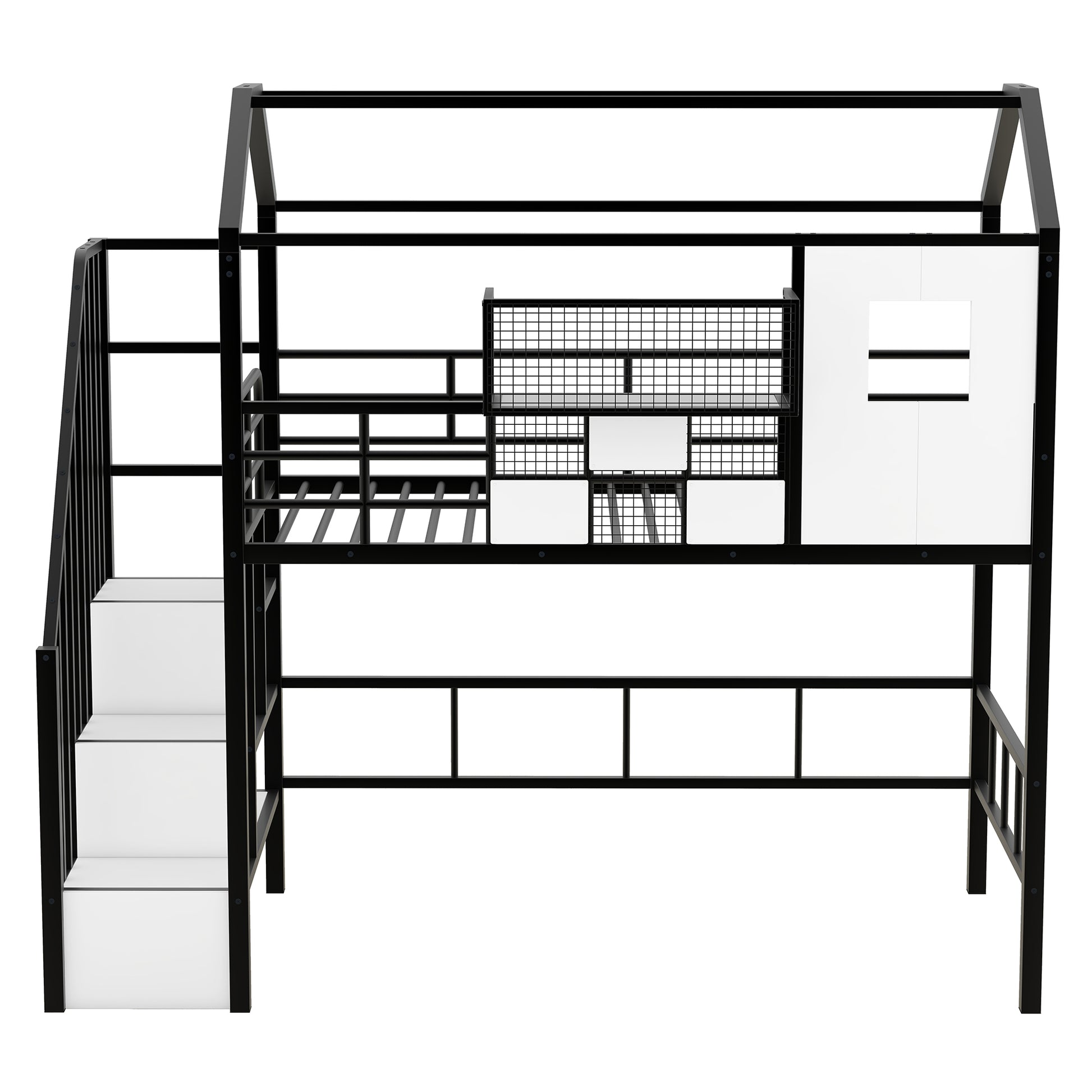 Metal Loft Bed With Roof Design And A Storage Box, Twin, Black Twin Black Metal