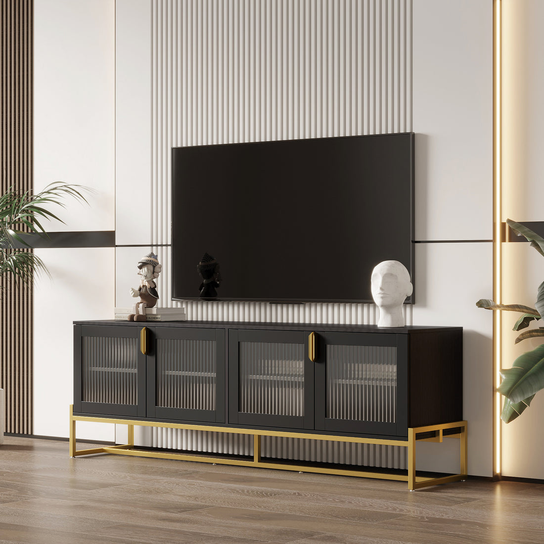 Black 70.87" Tv Stand.Entertainment Center With Shelf, Wood Tv Media Console With Sturdy Metal Legs For Living Room Black Mdf