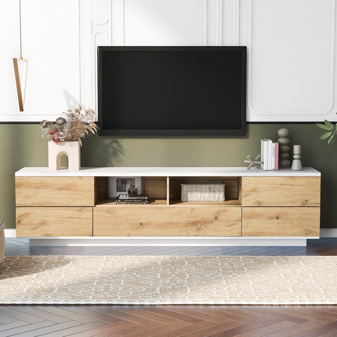 Modern Tv Stand For Tvs Up To 80''Media Console With Multi Functional Storage, Entertainment Center With Door Rebound Device, Tv Cabinet For Living Room,Bedroom White Natural Primary Living Space 70