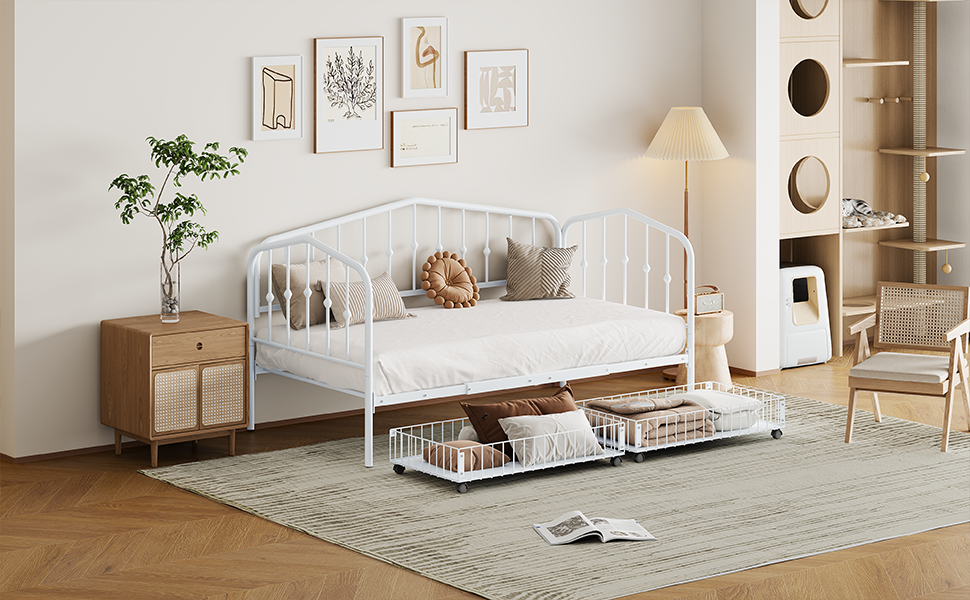 Twin Size Stylish Metal Daybed With 2 Drawers, White White Iron