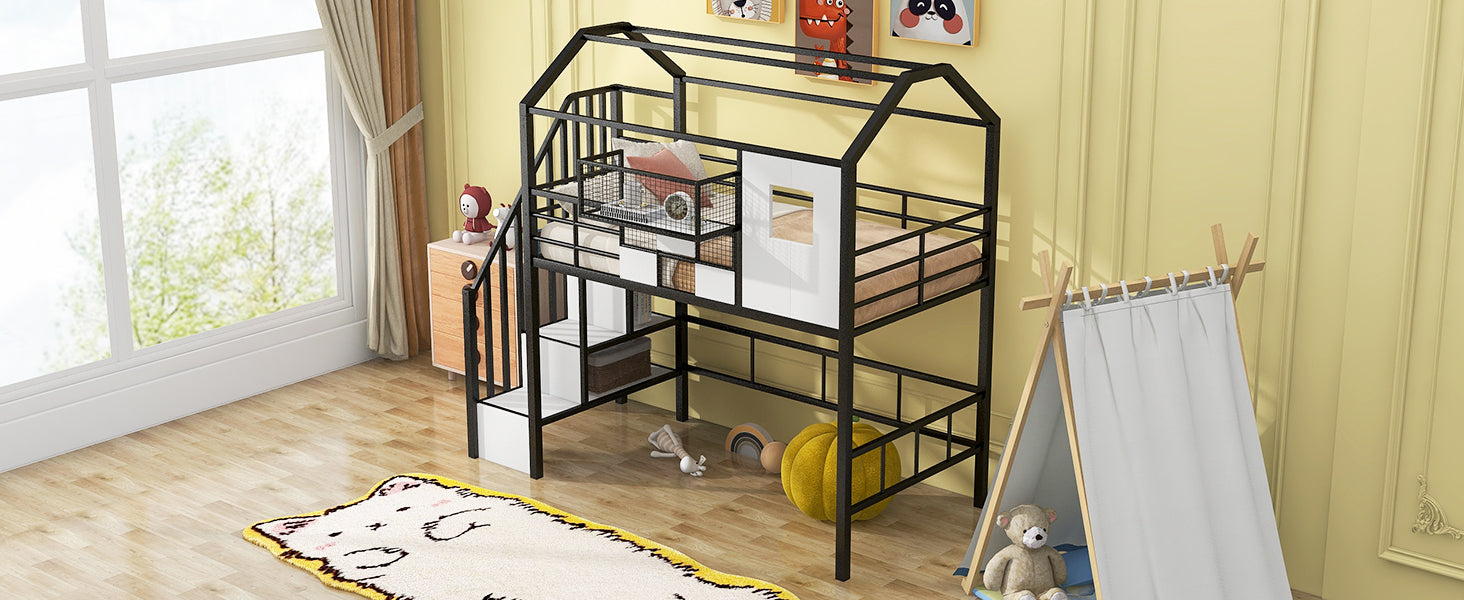 Metal Loft Bed With Roof Design And A Storage Box, Twin, Black Twin Black Metal