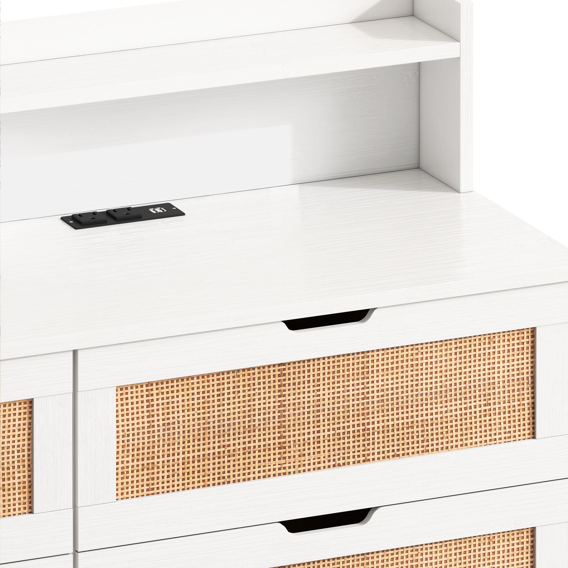 43.31"6 Drawers Rattan Storage Cabinet Rattan Drawer With Led Lights And Power Outlet,For Bedroom,Living Room,White White Particle Board