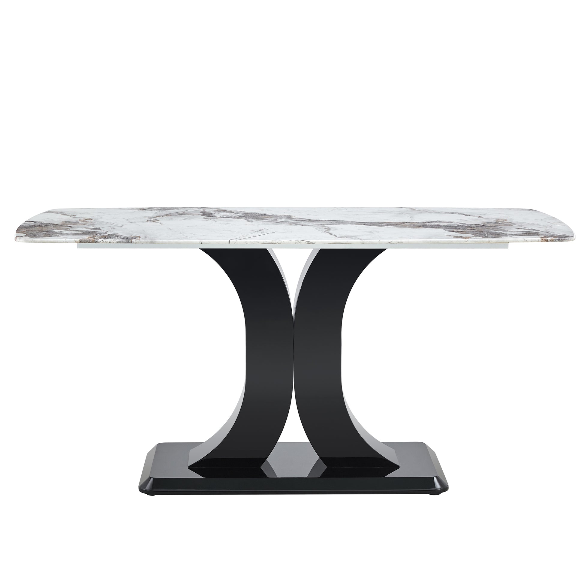 Faux Marble Dining Table Set With Convertible Base, Luxury Rectangular Kitchen Table For 6 8, Modern White Faux Marble Tabletop With Mdf Base, Dining Table, And Black 6 Chairs White Black Mdf Glass