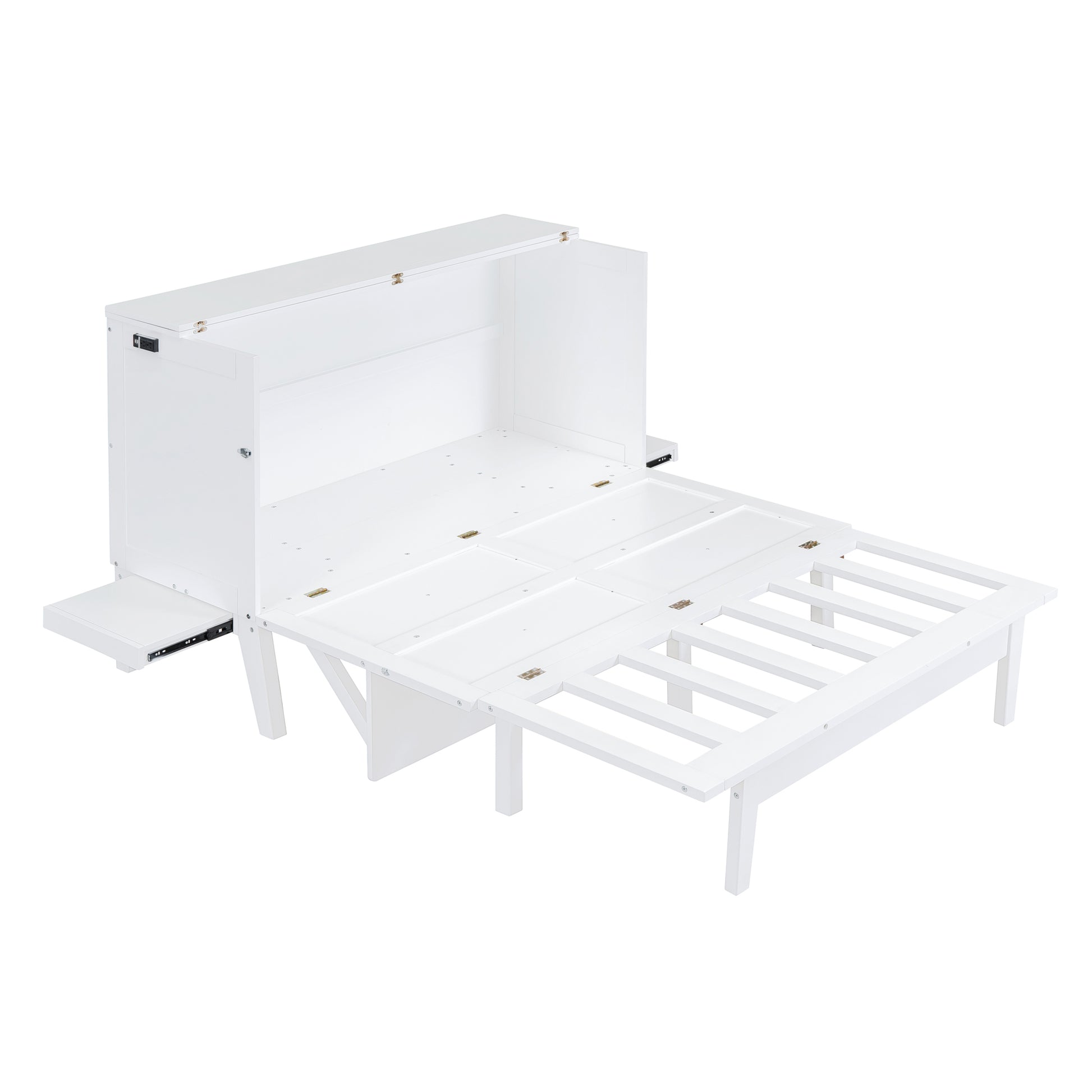 Queen Size Murphy Bed With Usb Port And Removable Shelves On Each Side,White White Solid Wood Mdf